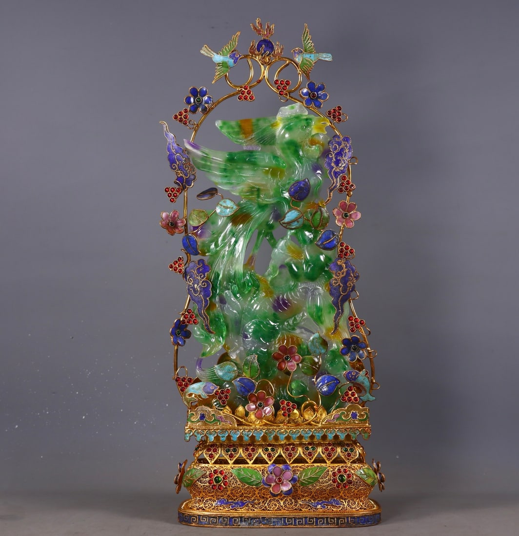An Exquisite Gilt Bronze Inlaid Jadeite Phoenix Pattern Rockery Ornament: An Exquisite Gilt Bronze Inlaid Jadeite Phoenix Pattern Rockery Ornament Qing Dynasty, China Qianlong Four-character Mark Size: 17.5inx7.1inx3.1in Weight:1685g铜鎏金镶嵌&