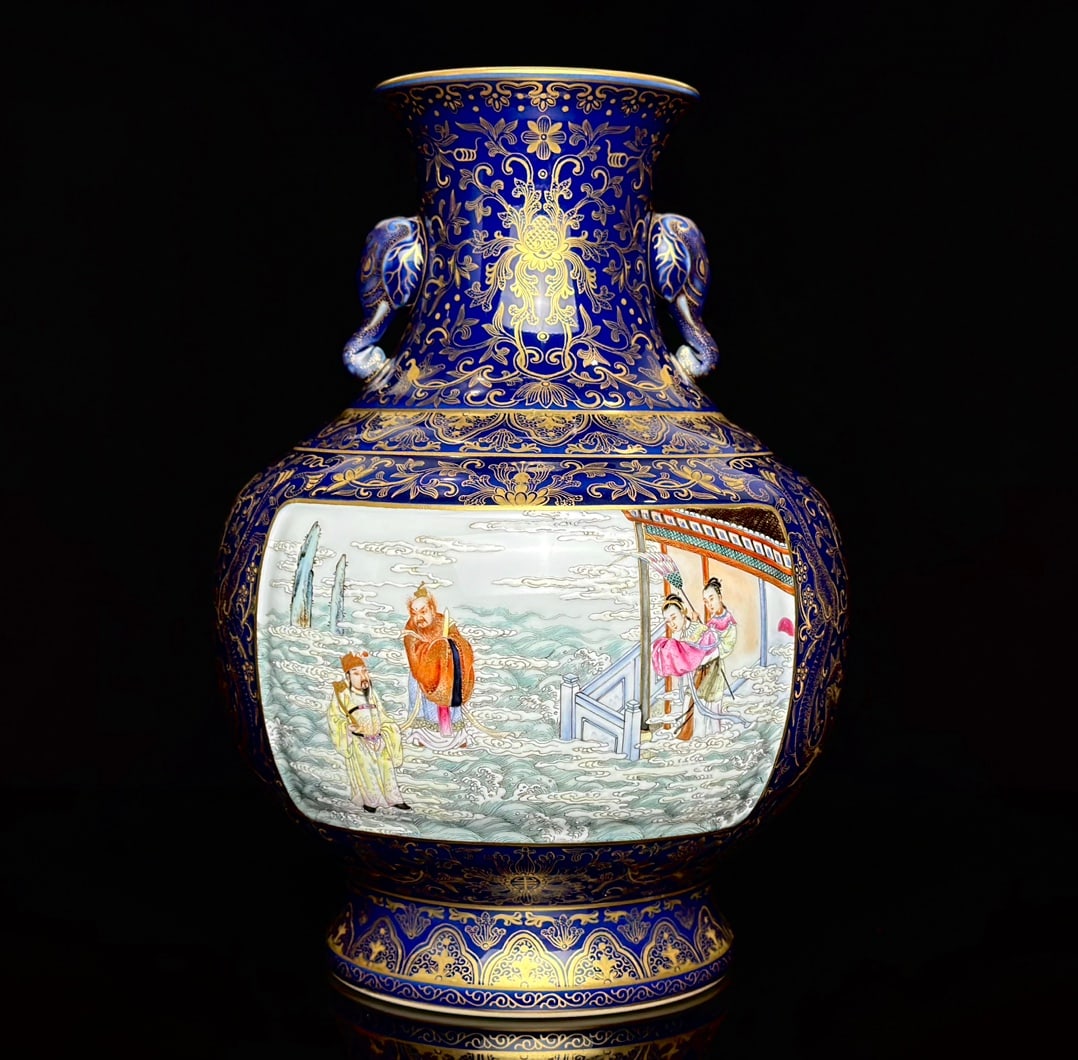 An Exquisite Ji Blue Glazed Painted Gold Lotus Pattern Character and Story Pattern Double-Ears Vase: An Exquisite Ji Blue Glazed Painted Gold Lotus Pattern Character and Story Pattern Double-Ears Vase Qing Dynasty, China Qianlong Six-character Mark Size:10.9inx7.6in霁蓝釉描