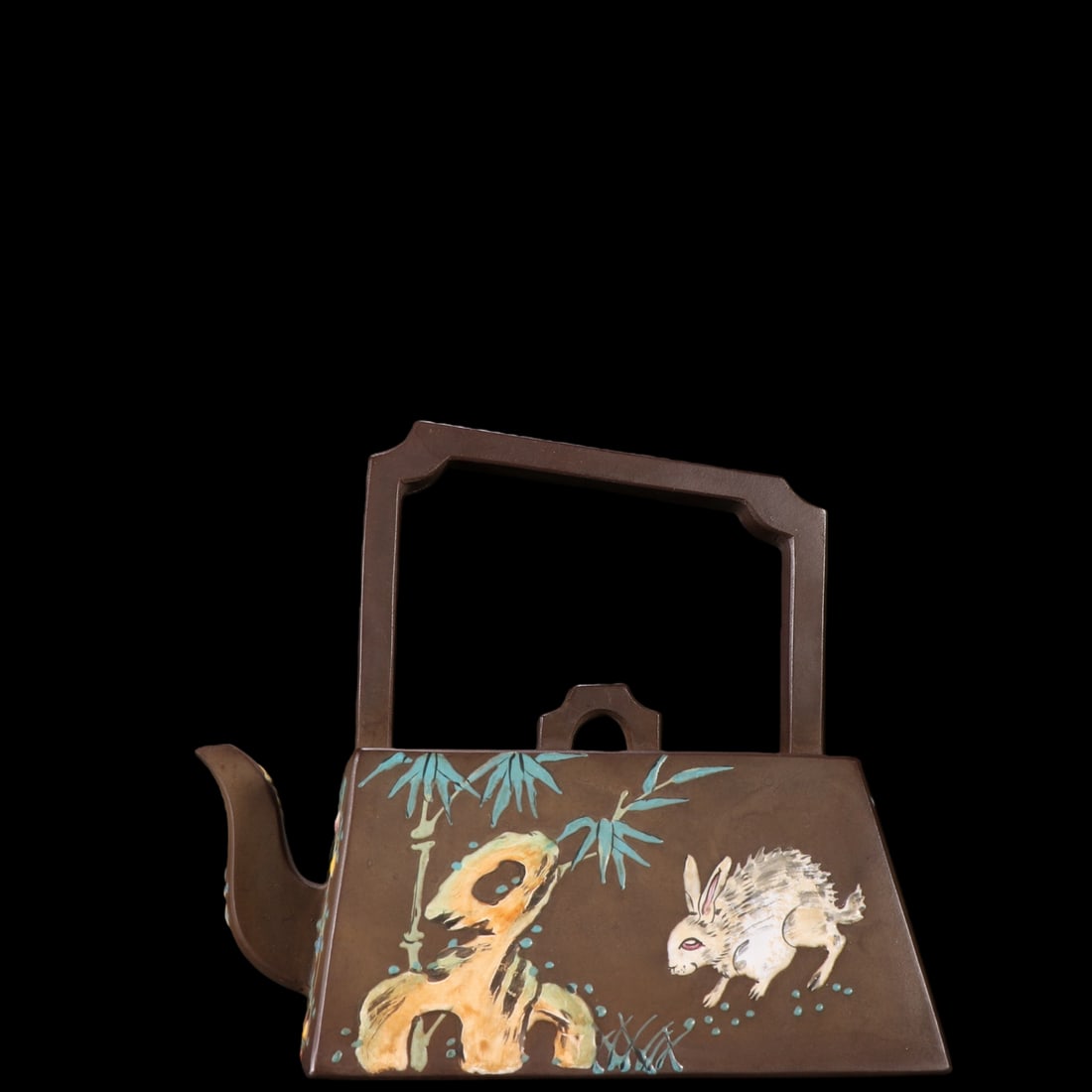 An Exquisite Purple Sands Flower Pattern Rabbit Pattern Ewer: An Exquisite Purple Sands Flower Pattern Rabbit Pattern Ewer Shi xiao ma Size:5.9inx5.9in紫砂加彩提梁方壶 施小马 Size:15cmx15cm