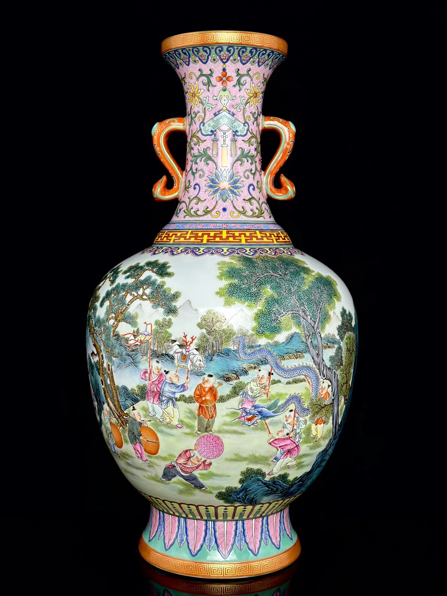 An Exquisite Famille-Rose Painted Gold Lotus Pattern Character and Story Pattern Double-Ears Vase (1 of 8)
