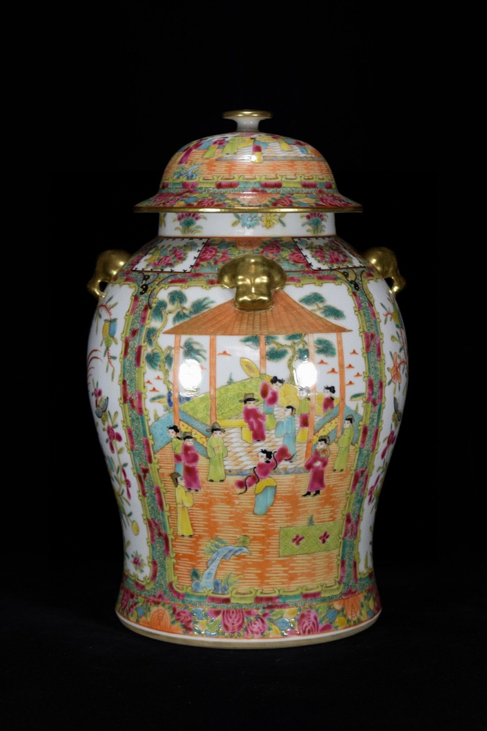 A Huge Guan yao Famille-Rose Painted Gold Figure,Flower and Bird Pattern Beast-Ears Cover Jar: A Huge Guan yao Famille-Rose Painted Gold Figure,Flower and Bird Pattern Beast-Ears Cover Jar,Qing Dynasty,China,Size:16.9inx11in 官窑粉彩描金人物഑