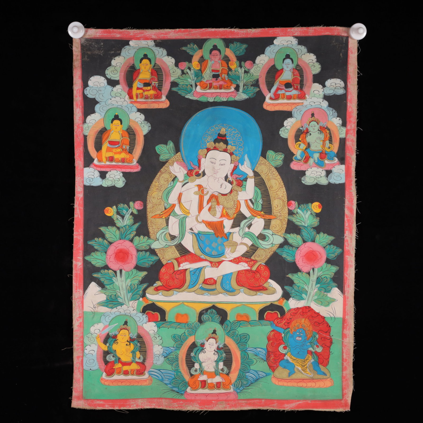 A Rare Painted Color Statue of Chakrasamvara Tangka: A Rare Painted Color Statue of Chakrasamvara Tangka,Qing Dynasty, China,Size:20.1inx27.2in 彩绘胜乐金刚像唐卡,中国清代
