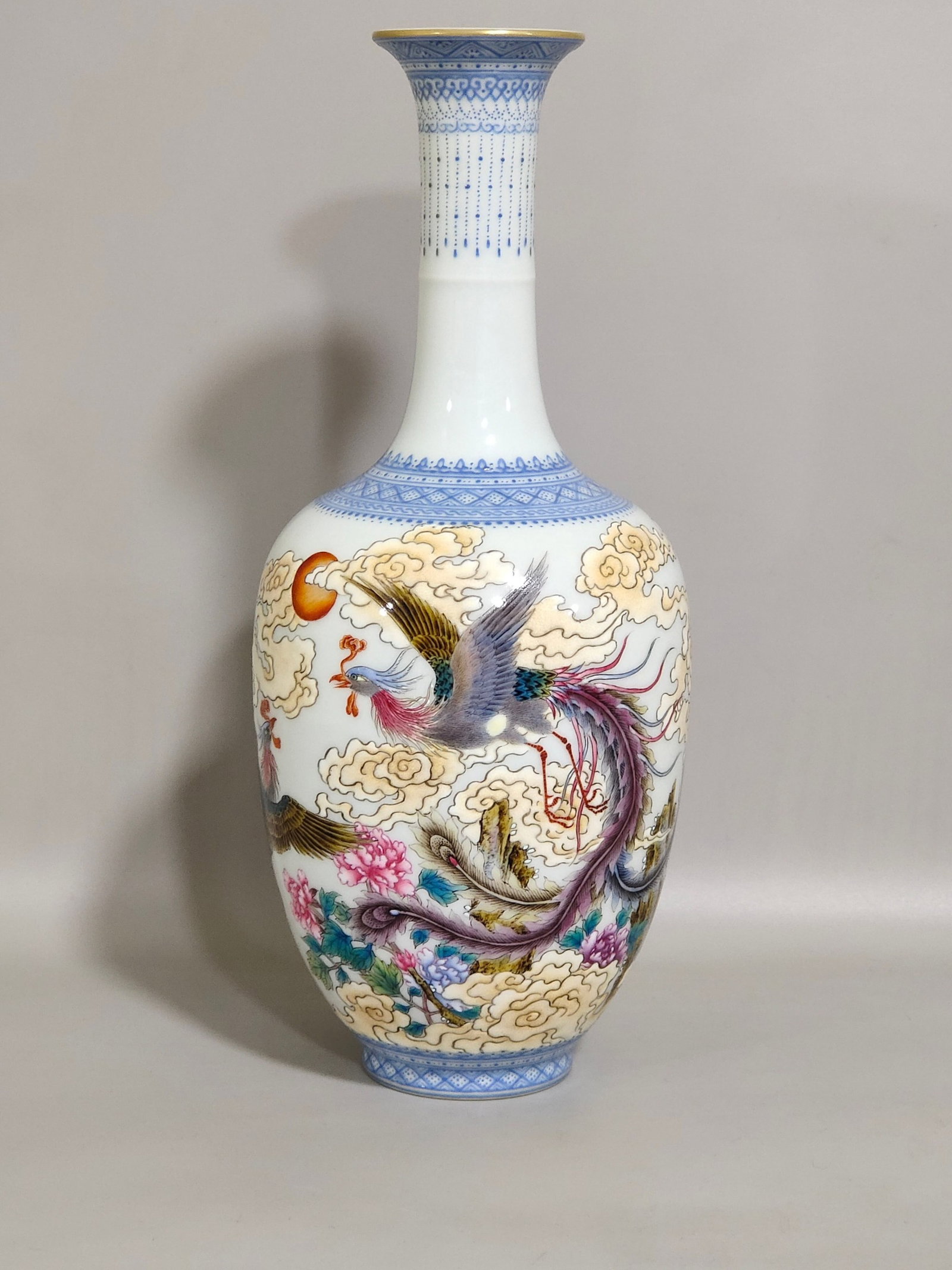 An Exquisite Famille-Rose Painted Gold Auspicious Cloud,Peony and Phoenix Pattern Vase,With Poem: An Exquisite Famille-Rose Painted Gold Auspicious Cloud,Peony and Phoenix Pattern Vase,With Poem,Qing Dynasty,China,Qianlong Six-character Mark,Size:8.6inx3.5in 粉彩描金祥