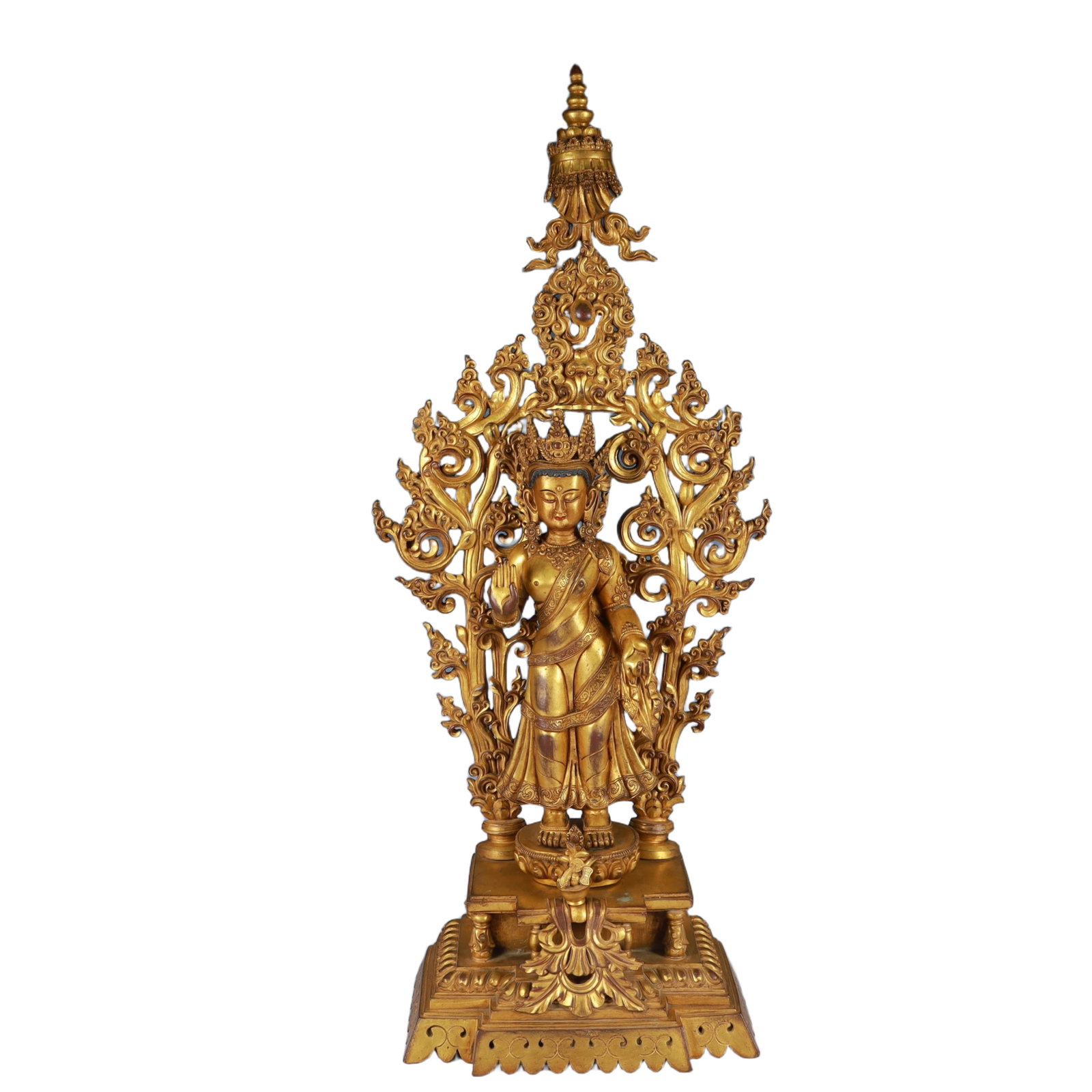 A Solemn Gilt Bronze Buddha Statue: A Solemn Gilt Bronze Buddha Statue,Qing Dynasty, China,Size:9.8inx5.9inx28.3in,Weight:12550g 铜鎏金佛像,中国清代