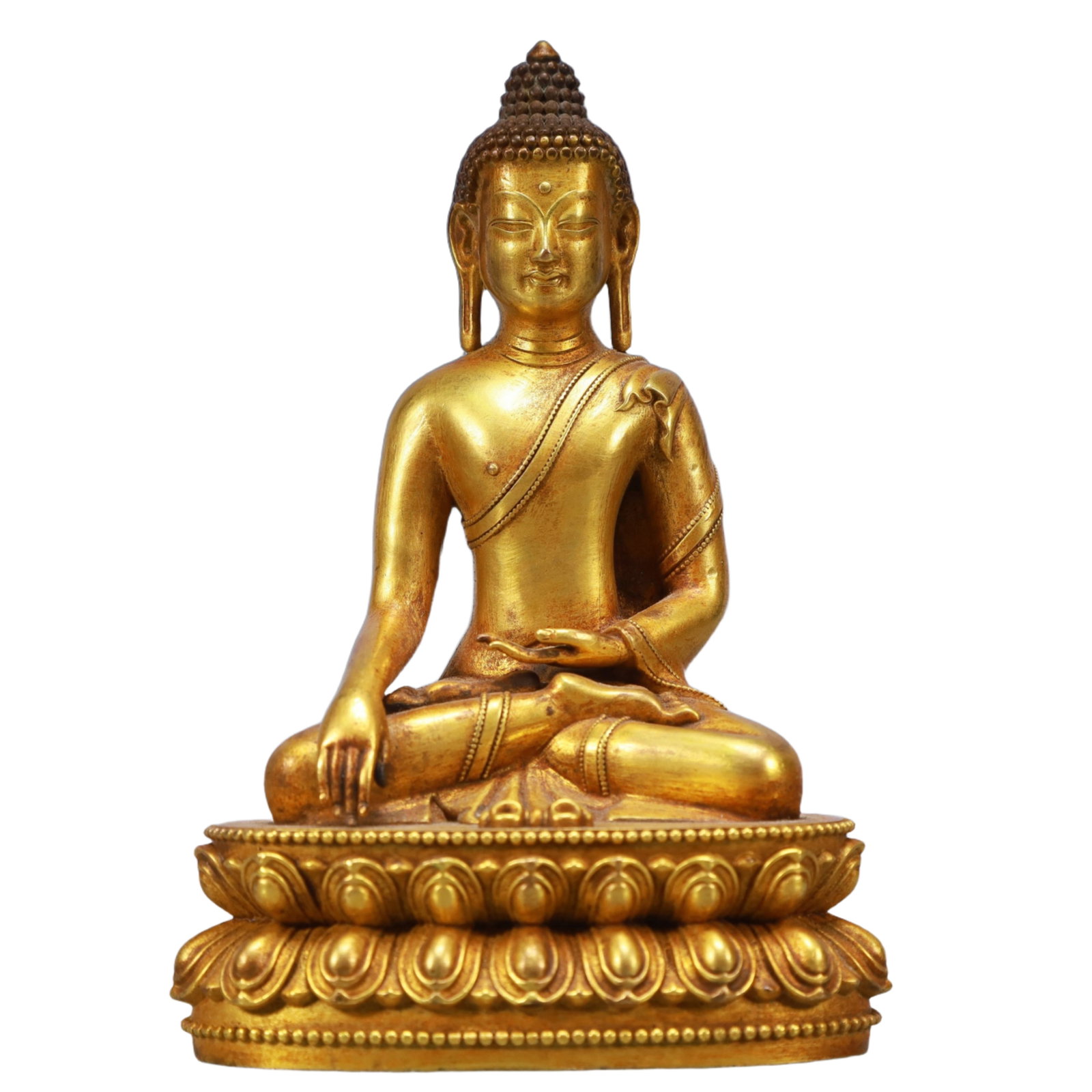 A Solemn Gilt Bronze Statue of Sakyamuni: A Solemn Gilt Bronze Statue of Sakyamuni,Qing Dynasty, China,Size:3.9inx2.8inx5.9in,Weight:750g 铜鎏金如来像,中国清代