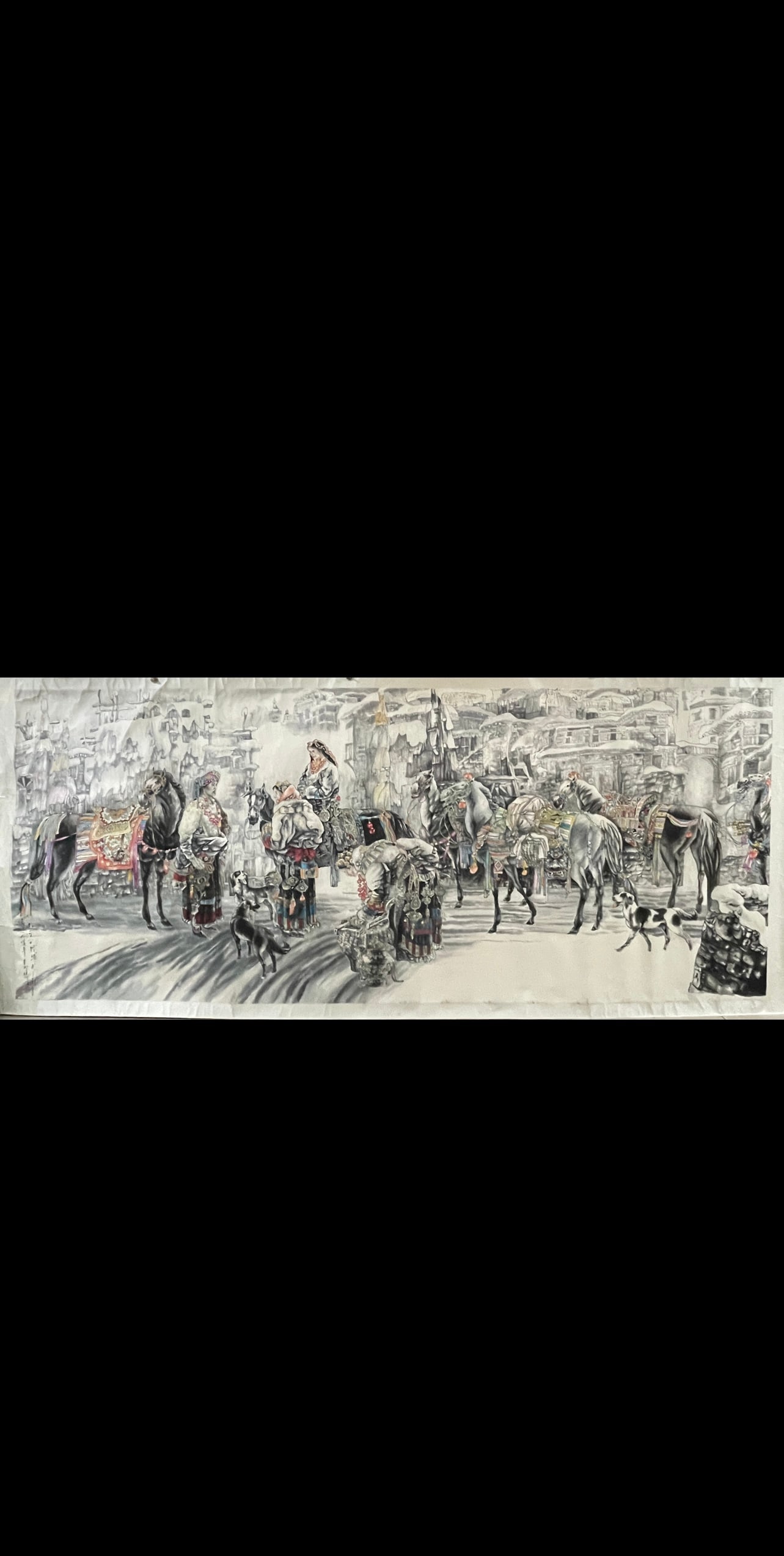 A Chinese Ink Painting of Landscape and Figure on Paper,Xu Beihong: A Chinese Ink Painting of Landscape and Figure on Paper,Xu Beihong,Size:55.5inx136.2in 一幅中国水墨山水人物画,徐悲鸿