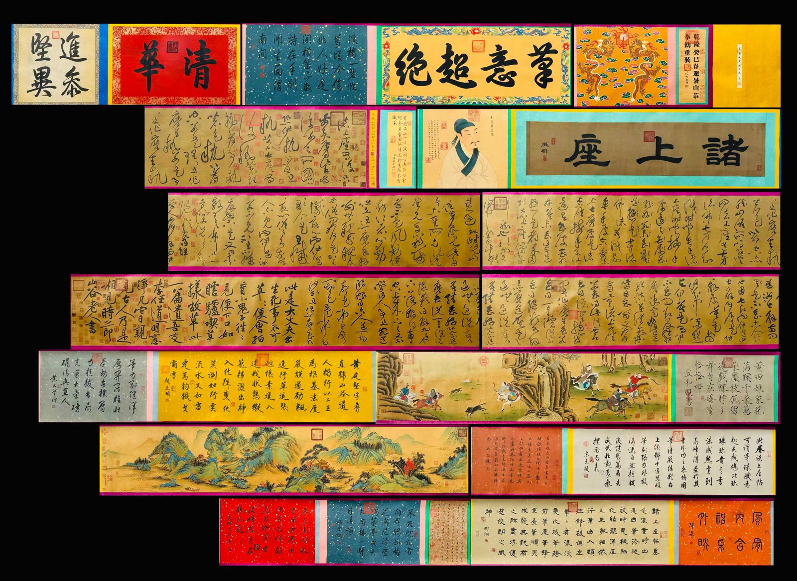 A Chinese Hand Scroll Ink Calligraphy on Silk,Huang Tingjian: A Chinese Hand Scroll Ink Calligraphy on Silk,Huang Tingjian,Size:(Without frame)366.1inx17.7in,(Total)1157.5in 一幅中国水墨绢本书法手