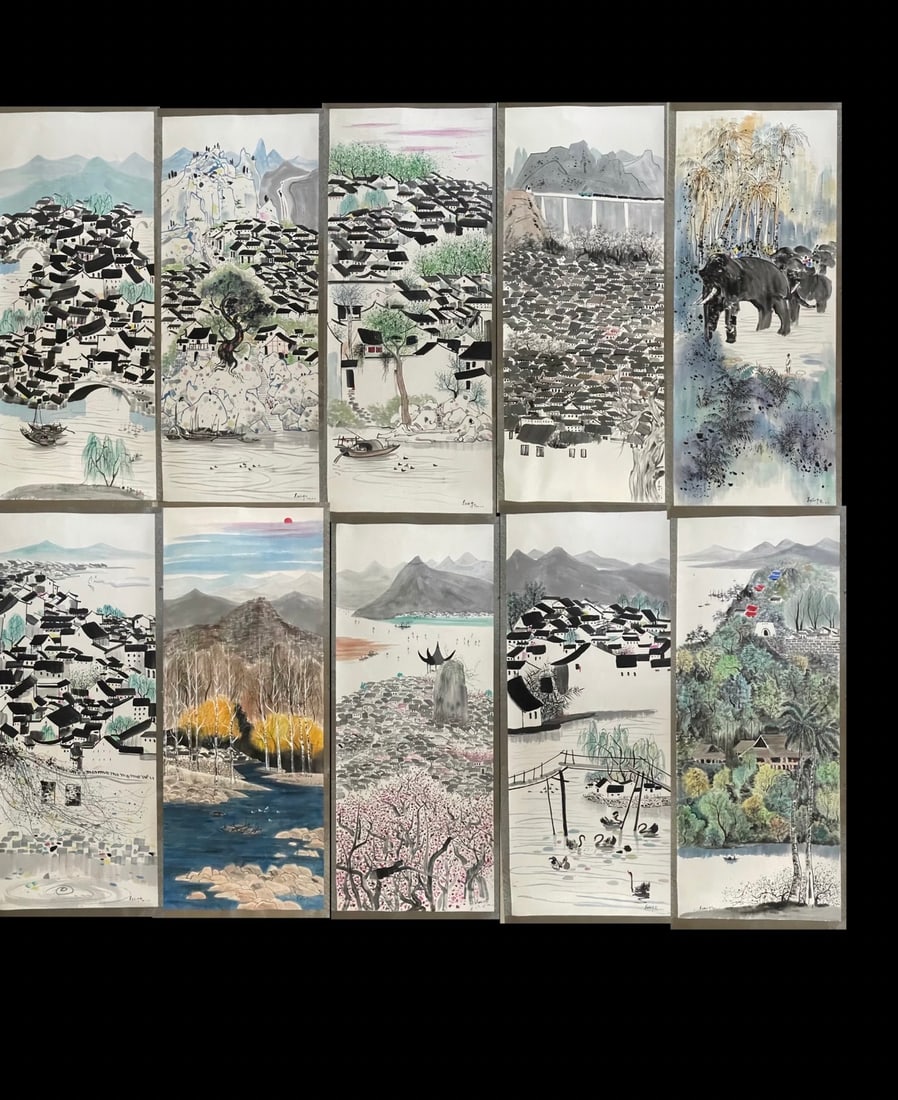 A Set of Chinese Ink Painting of Landscape on Paper,Wu Guanzhong: A Set of Chinese Ink Painting of Landscape on Paper,Wu Guanzhong,Size:55.1inx141.7in*10 一套中国水墨山水画,吴冠中