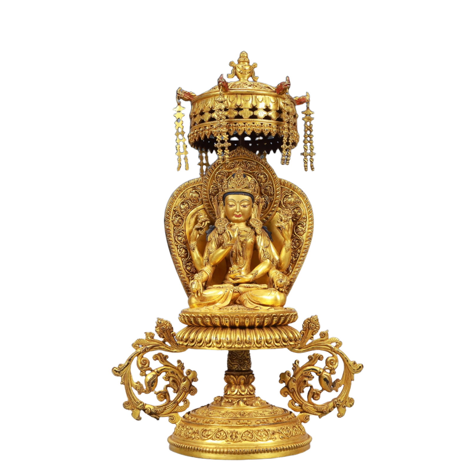 A Solemn Gilt Bronze Six-arms Statue of Avalokitesvara: A Solemn Gilt Bronze Six-arms Statue of Avalokitesvara,Ming Dynasty, China,Yongle Six-character Mark,Size:11.4inx5.9inx18.5in Weight:7950g 铜鎏金六臂观音Î