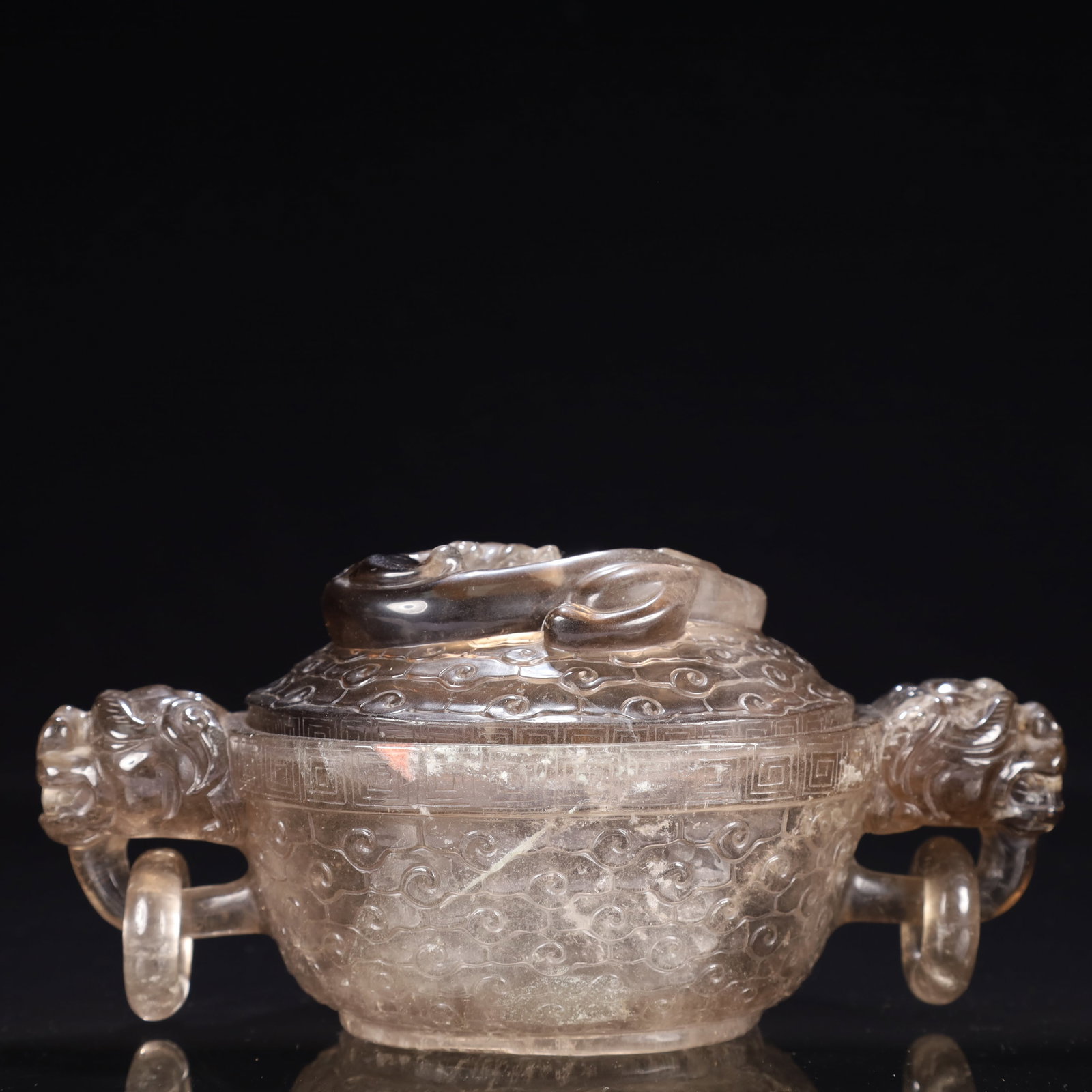 An Exquisite Crystal Auspicious Cloud and Dragon Pattern Beast-Ears Censer: An Exquisite Crystal Auspicious Cloud and Dragon Pattern Beast-Ears Censer,Qing Dynasty, China,Size:7.5inx4.7inx3.9in,Weight:1000g 水晶祥云龙纹兽耳Ɖ