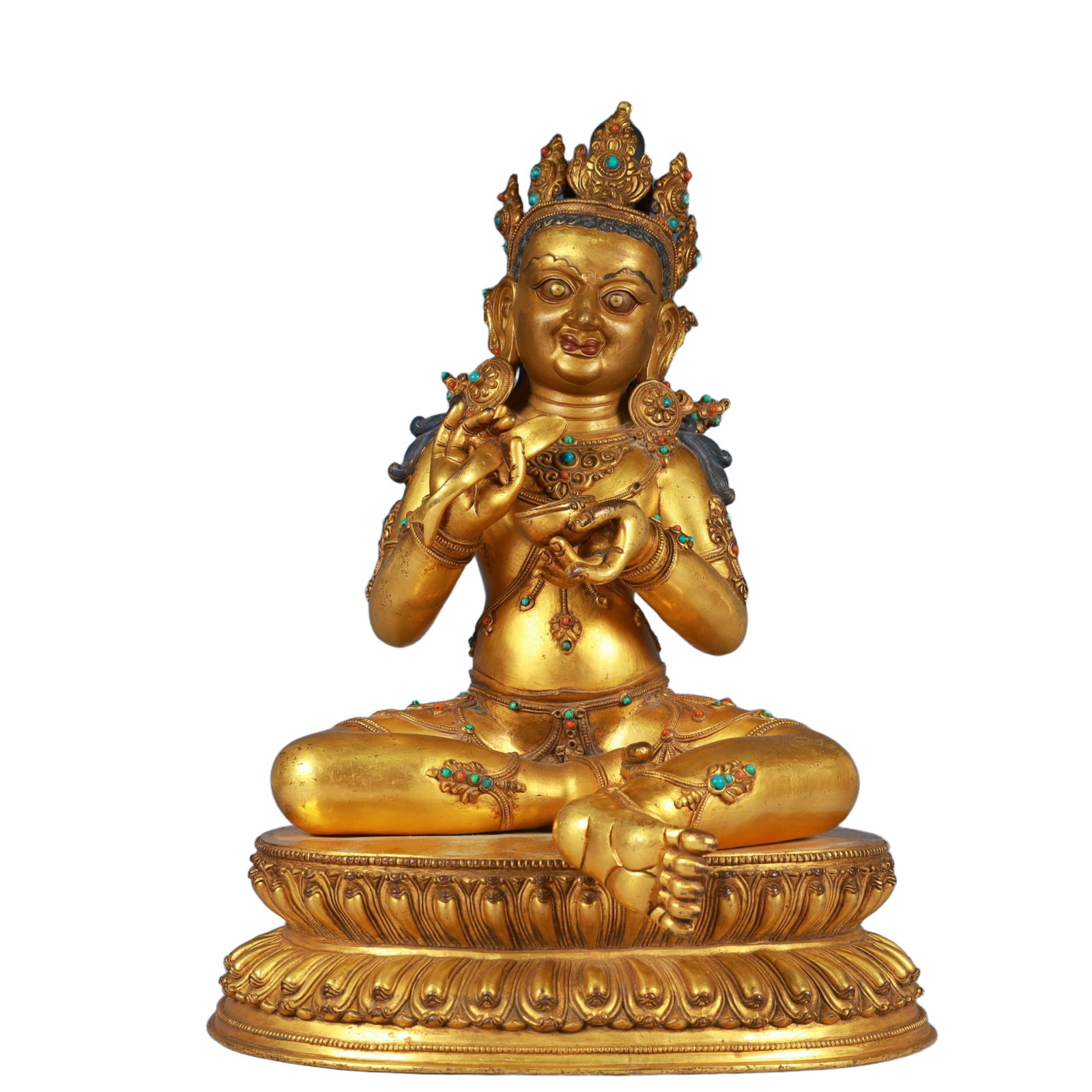 A Solemn Gilt Bronze Statue of Mammon,Inlaid Gems and Turquoise,With Inscription: A Solemn Gilt Bronze Statue of Mammon,Inlaid Gems and Turquoise,With Inscription,Qing Dynasty, China,Size:10.6inx9.8inx14.6in,Weight:7300g 铜鎏金财神像,嵌