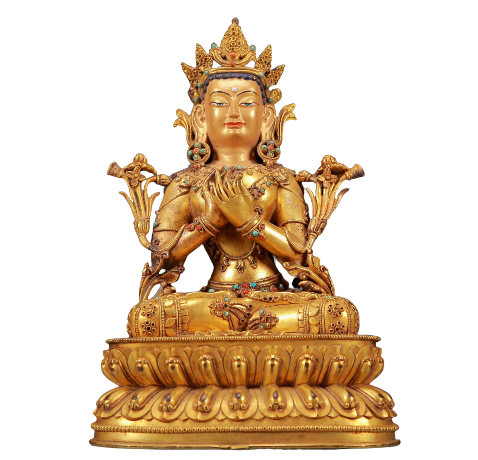 A Solemn Gilt Bronze Inlaid Turquoise Statue of Avalokitesvara (1 of 8)