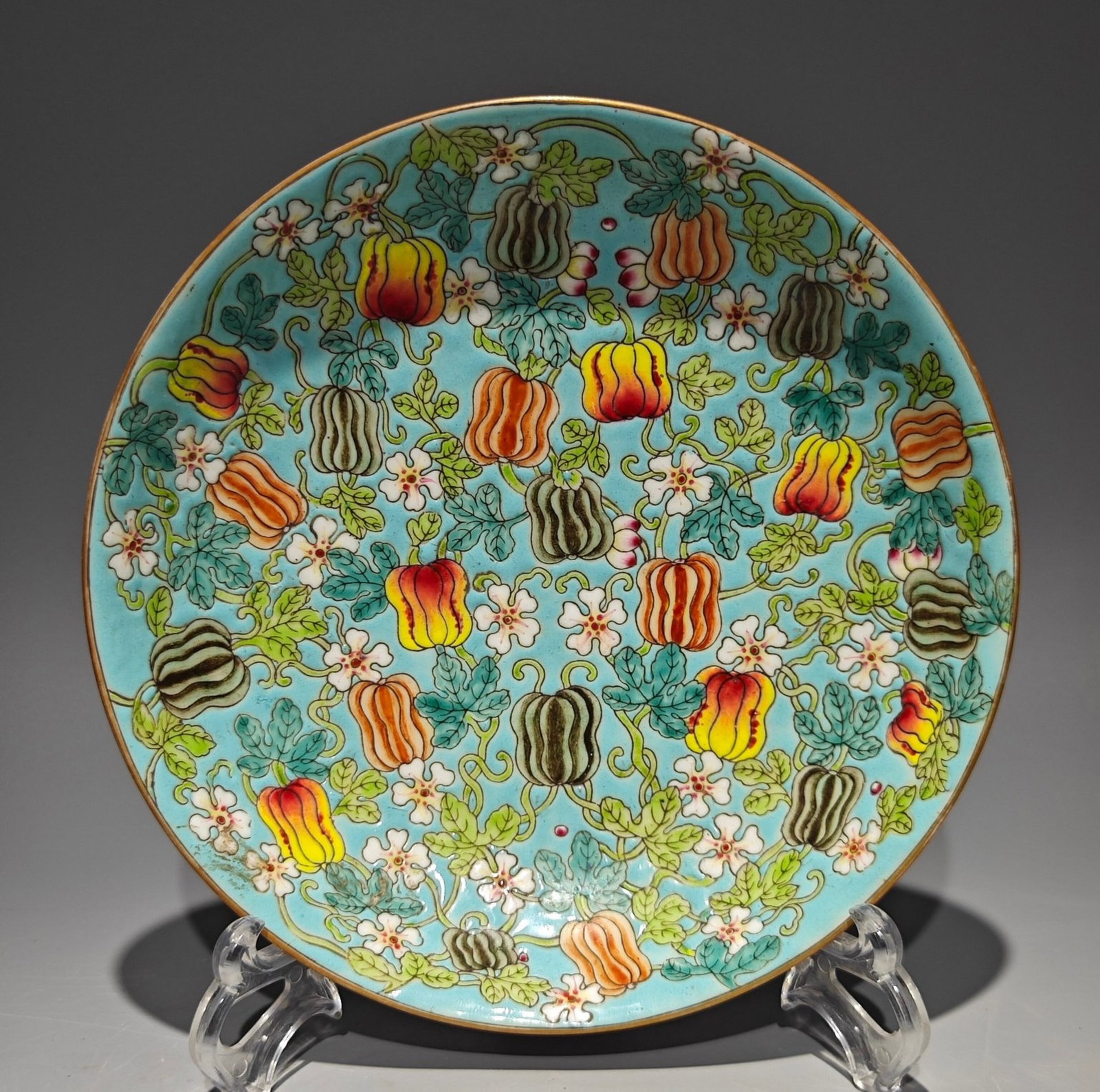 An Exquisite Famille-Rose Turquoise Ground Pumpkin Pattern Plate: An Exquisite Famille-Rose Turquoise Ground Pumpkin Pattern Plate,Qing Dynasty,China,Yongzheng Four-character Mark,Size:8.1in 粉彩松石绿地南瓜纹