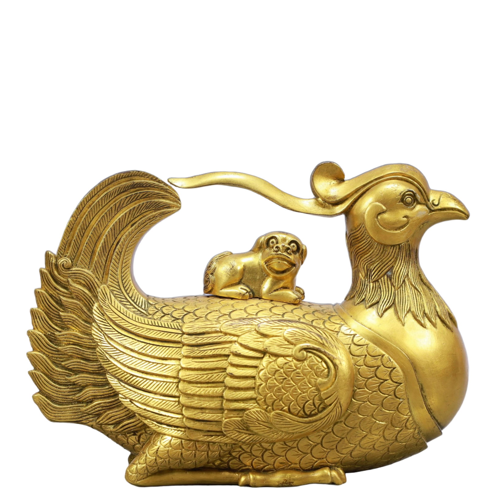 A Rare Gilt Bronze Phoenix Ornament: A Rare Gilt Bronze Phoenix Ornament,Qing Dynasty, China,Qianlong Seven-character Mark,Size:7.9inx3.1inx5.5in,Weight:2250g