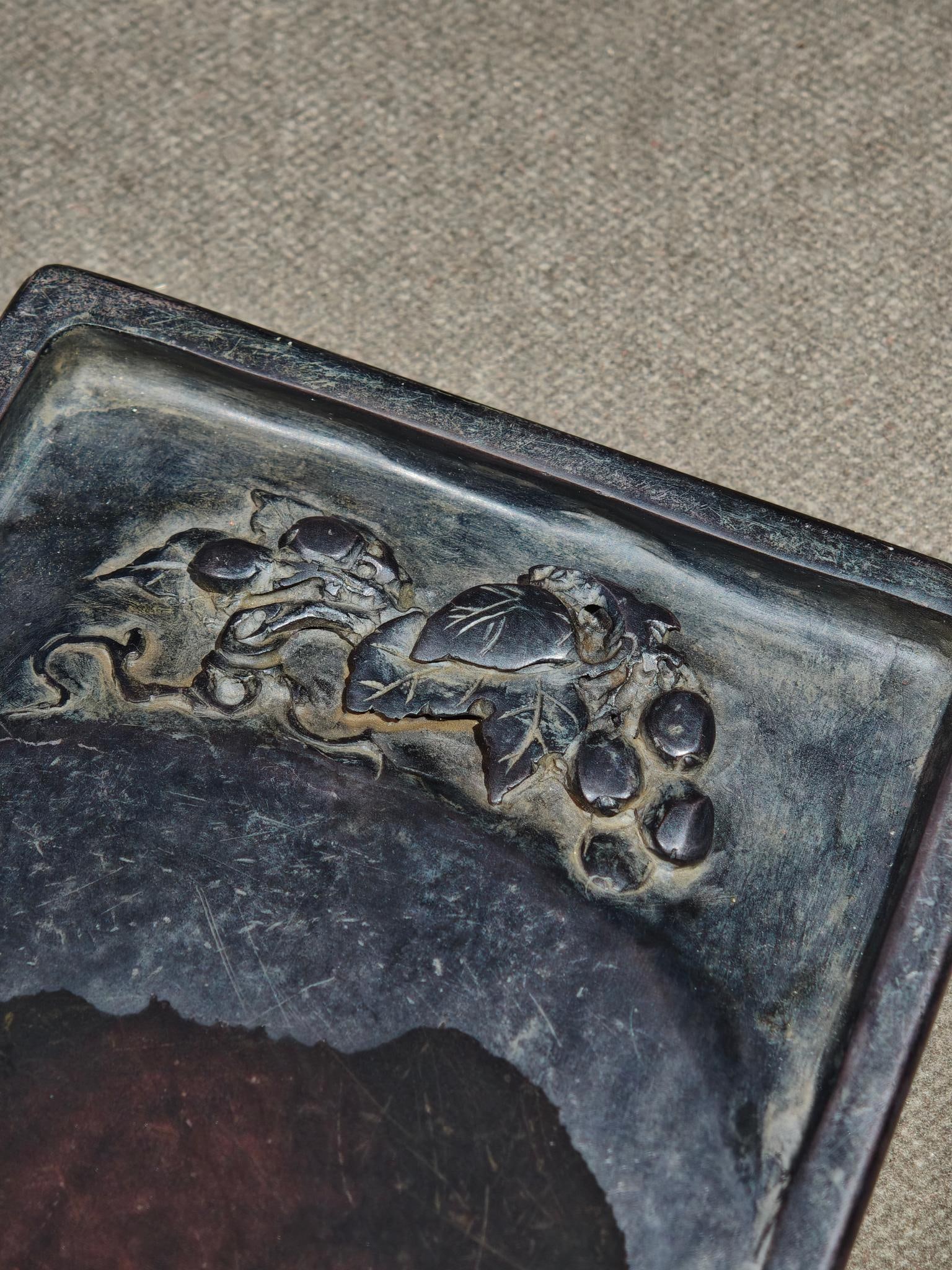 An Exquisite Grapes Pattern Inkstone,With Poem - 9