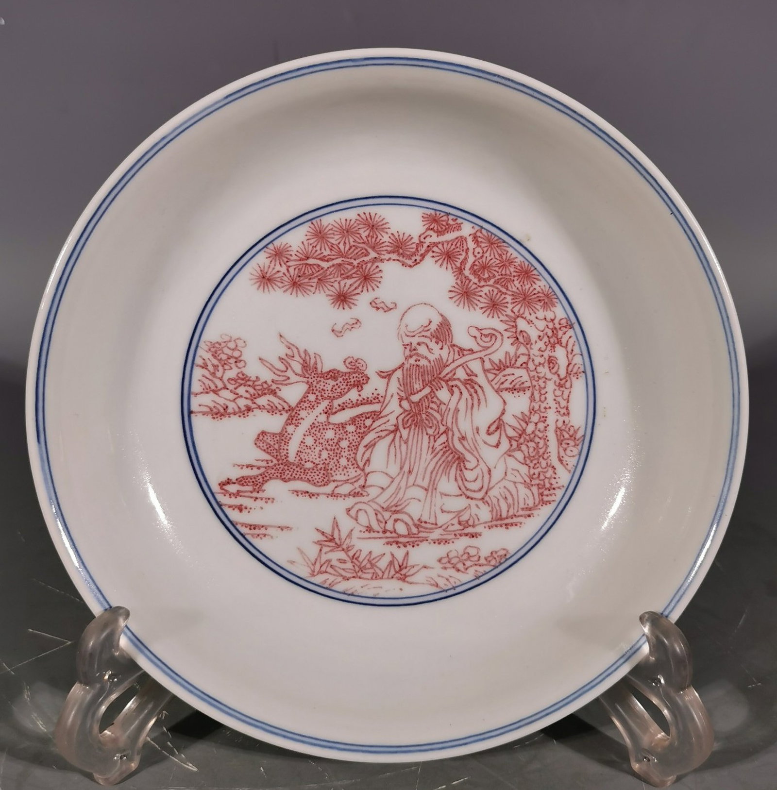 An Exquisite Blue and White Underglaze-Red Landscape and Figure Pattern Plate: An Exquisite Blue and White Underglaze-Red Landscape and Figure Pattern Plate,Qing Dynasty, China,Yongzheng Six-character Mark,Size:1.7inx7.2in 青花釉里红山水