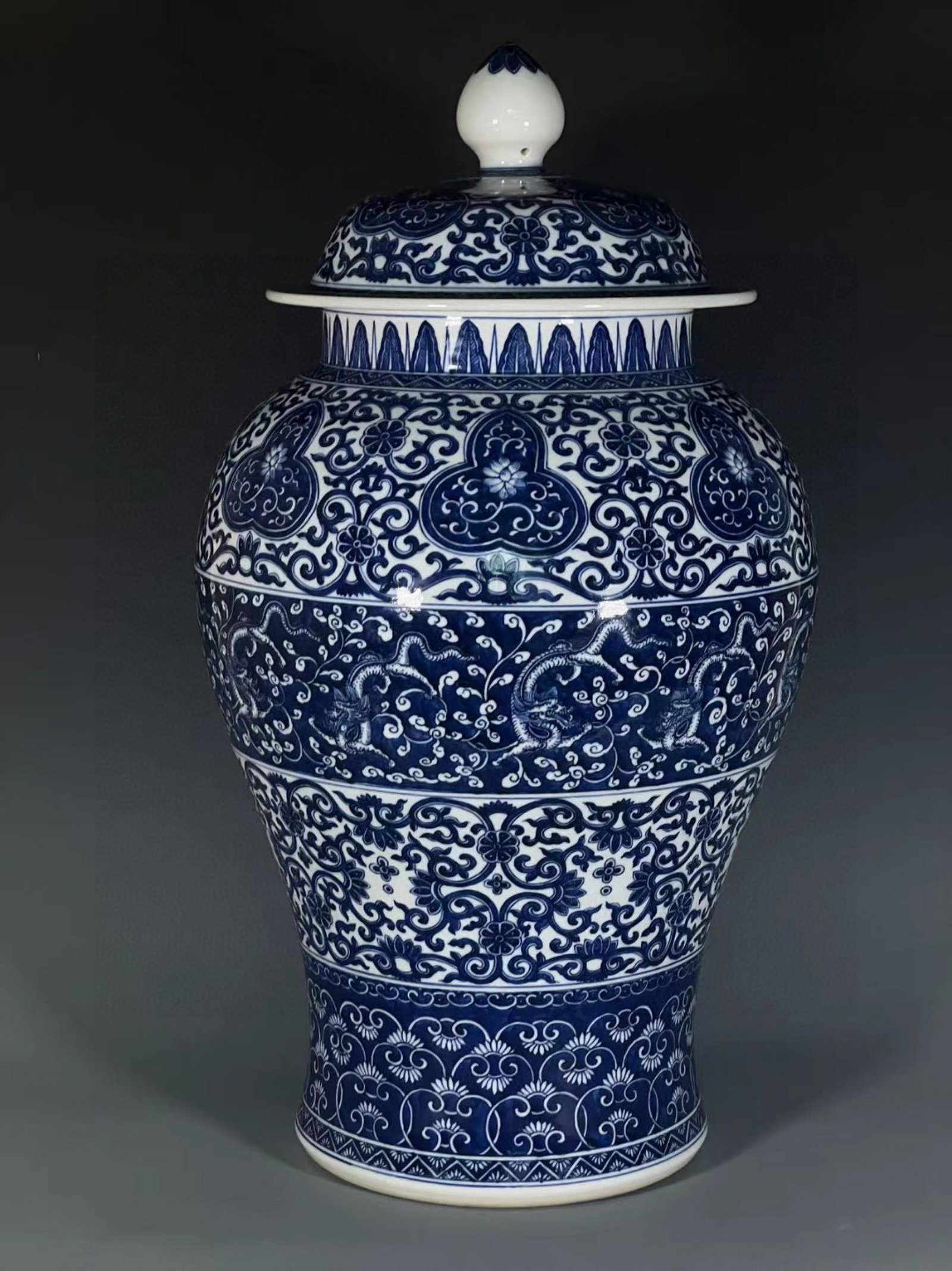 An Exquisite Blue and White Lotus and Dragon Pattern Cover Jar: An Exquisite Blue and White Lotus and Dragon Pattern Cover Jar,Qing Dynasty,China,Qianlong Six-character Mark,Size:25.3inx8.3inx9.5in 青花缠枝莲龙纹盖&#