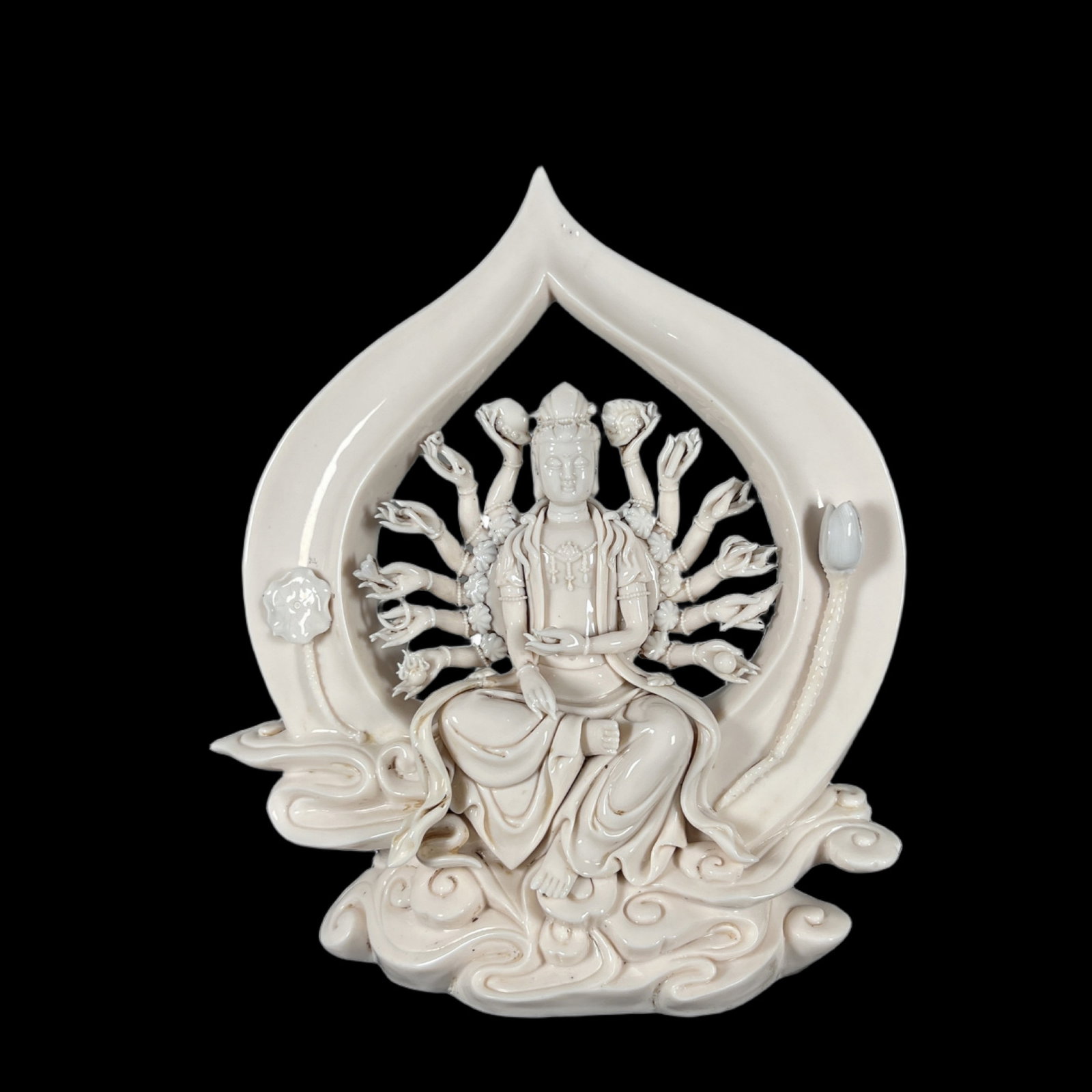 A Solemn Blance-De-Chine Statue of Thousand-hand Guanyin: A Solemn Blance-De-Chine Statue of Thousand-hand Guanyin,Qing Dynasty, China,Size:14in 德化瓷千手观音像,中国清代