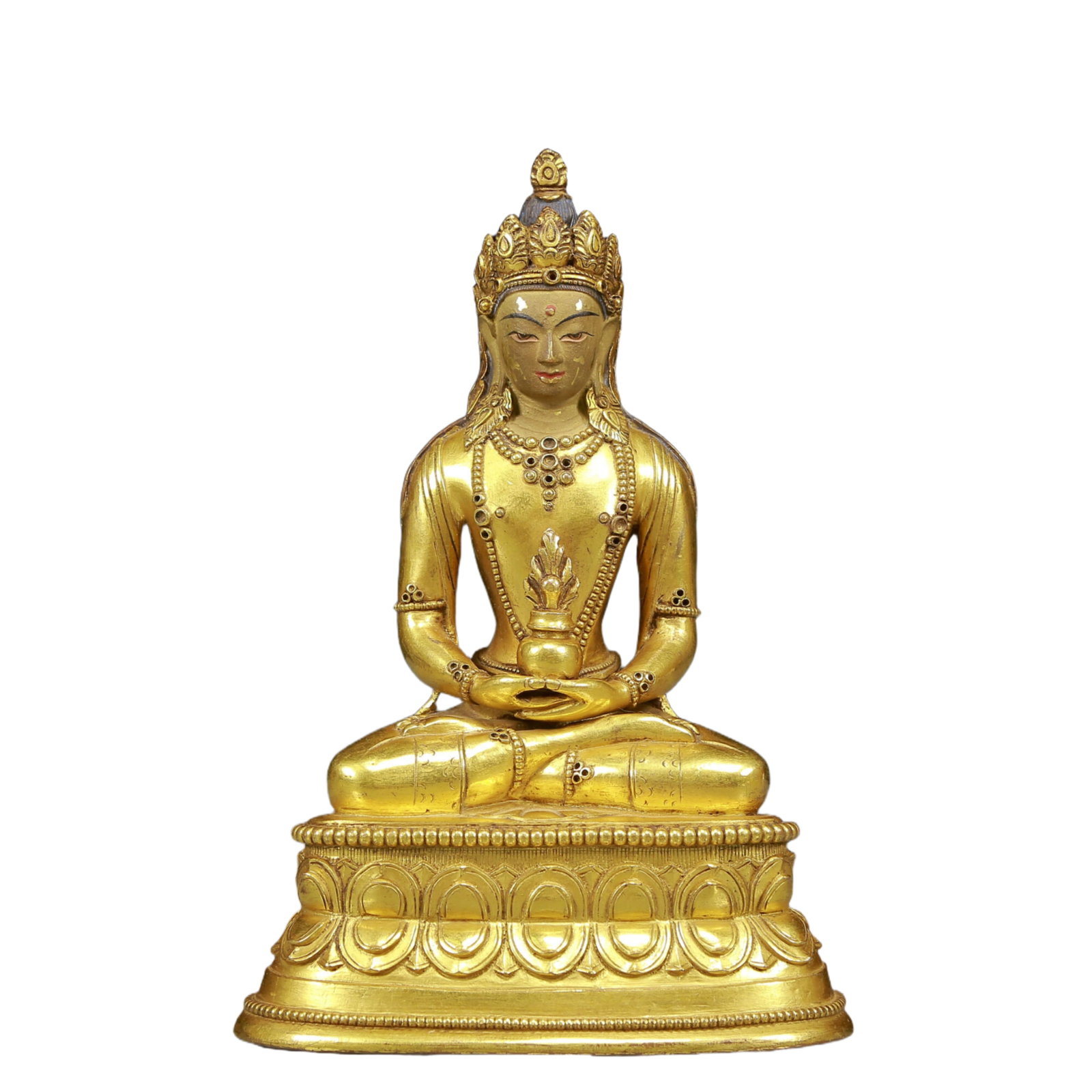 A Solemn Gilt Bronze Statue of Amitayus: A Solemn Gilt Bronze Statue of Amitayus,Ming Dynasty, China,Size:5.5inx3.9inx8.3in,Weight:1960g 铜鎏金无量寿佛像，明代