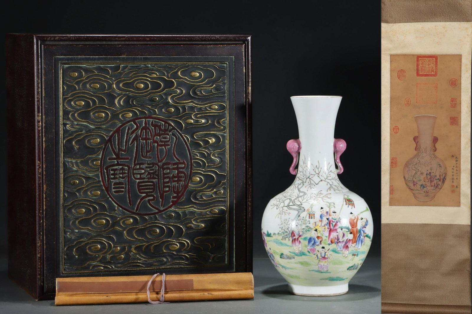 A Rare Famille-Rose Painted Gold Character and Story Pattern Elephant-Ears Vase,With Vertical Scroll: A Rare Famille-Rose Painted Gold Character and Story Pattern Elephant-Ears Vase,With Vertical Scroll Painting on Silk,Qing Dynasty, China,Jiaqing Six-character Mark,Size:14.8inx8.4in,(Without frame)23