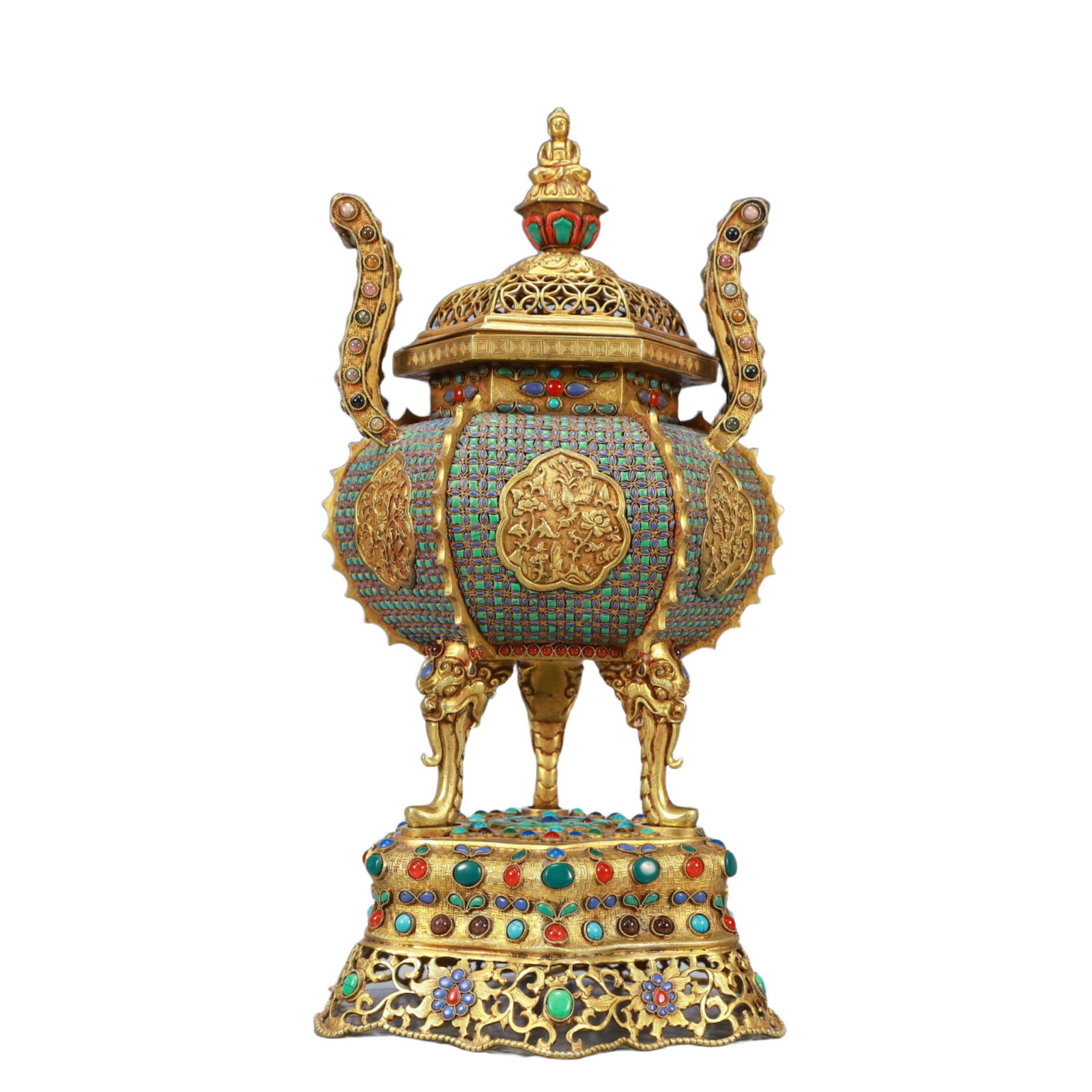 A Rare Gilt Bronze Flower and Bird Pattern Double-Ears and Tripod Censer,Inlaid Turquoise: A Rare Gilt Bronze Flower and Bird Pattern Double-Ears and Tripod Censer,Inlaid Turquoise,Tang Dynasty, China,Size:6.3inx5.7inx12.2in,Weight:2450g 铜鎏金花鸟纹Ö
