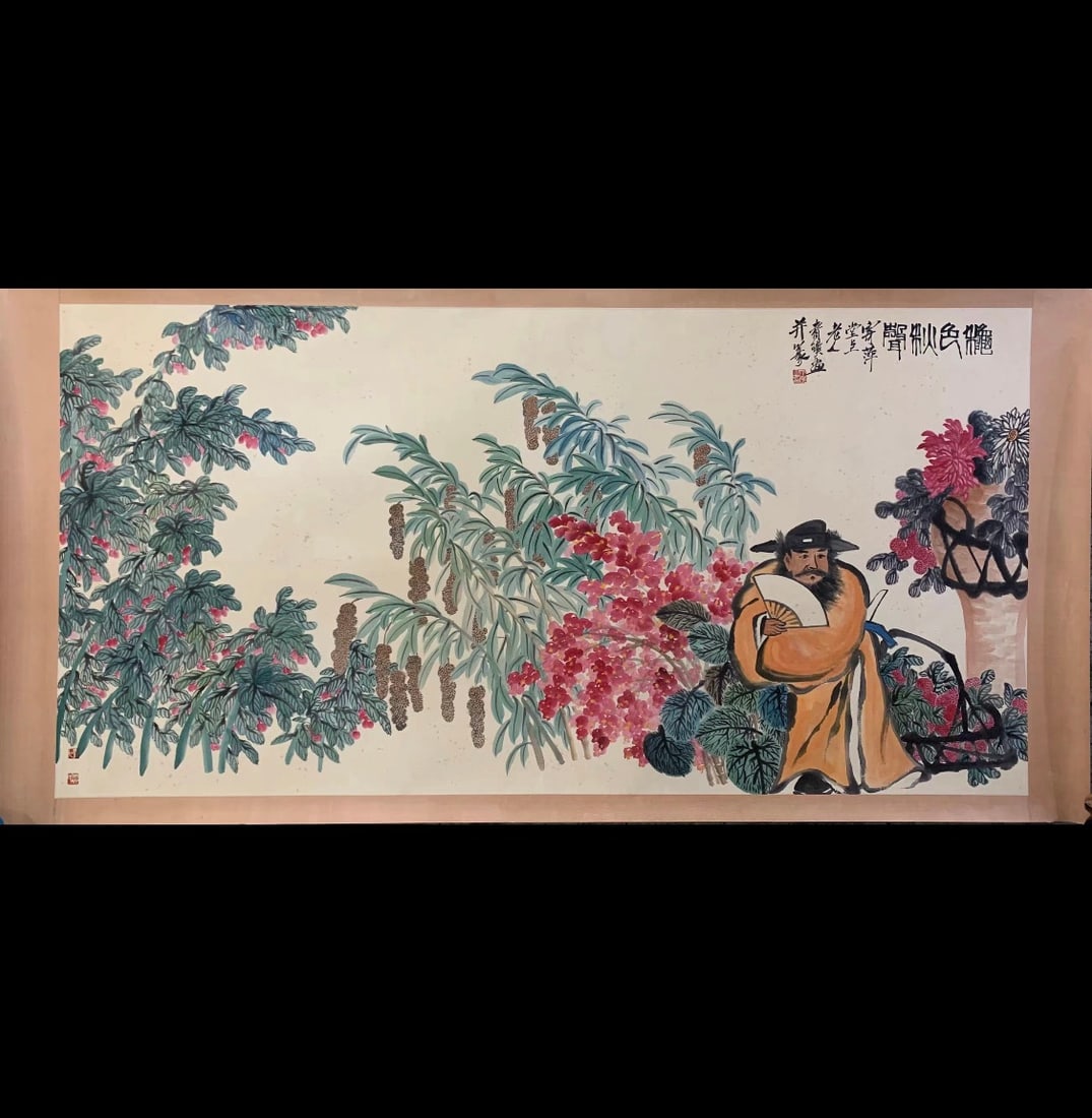 A Chinese Ink Painting of Flower and Figure on Paper,Qi Baishi: A Chinese Ink Painting of Flower and Figure on Paper,Qi Baishi,Size:47.2inx94.5in 一幅中国水墨花卉人物画,齐白石