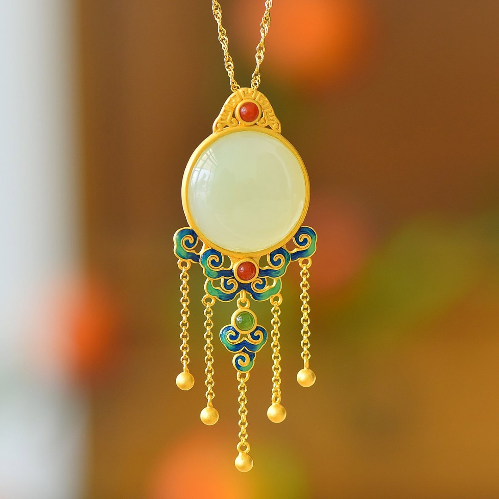 An Exquisite Sterling Silver-Gold Plated Inlaid White Jade Enamel Pendant: An Exquisite Sterling Silver-Gold Plated Inlaid White Jade Enamel Pendant 纯银镀金镶白玉珐琅吊坠