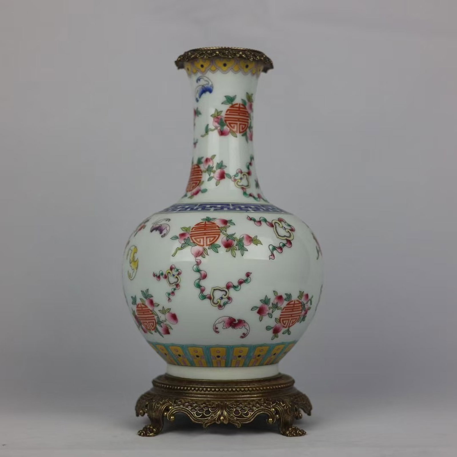 An Exquisite Famille-Rose Inlaid Bronze Bats and Peach Pattern Vase (1 of 8)