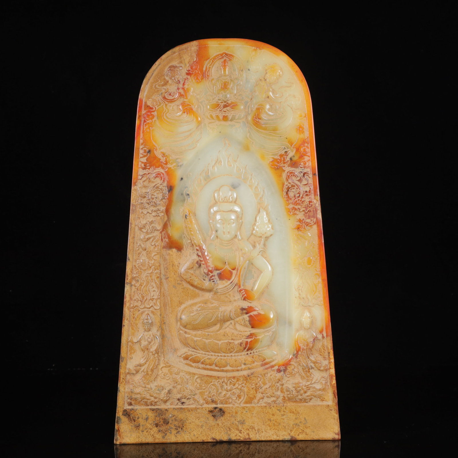 An Exquisite White Jade Statue of Avalokitesvara Ornament,with Poem: An Exquisite White Jade Statue of Avalokitesvara Ornament,with Poem,Qing Dynasty,China,Size:7.9inx13.8inx0.8in,Weight:2200g 白玉观音像摆件,带诗