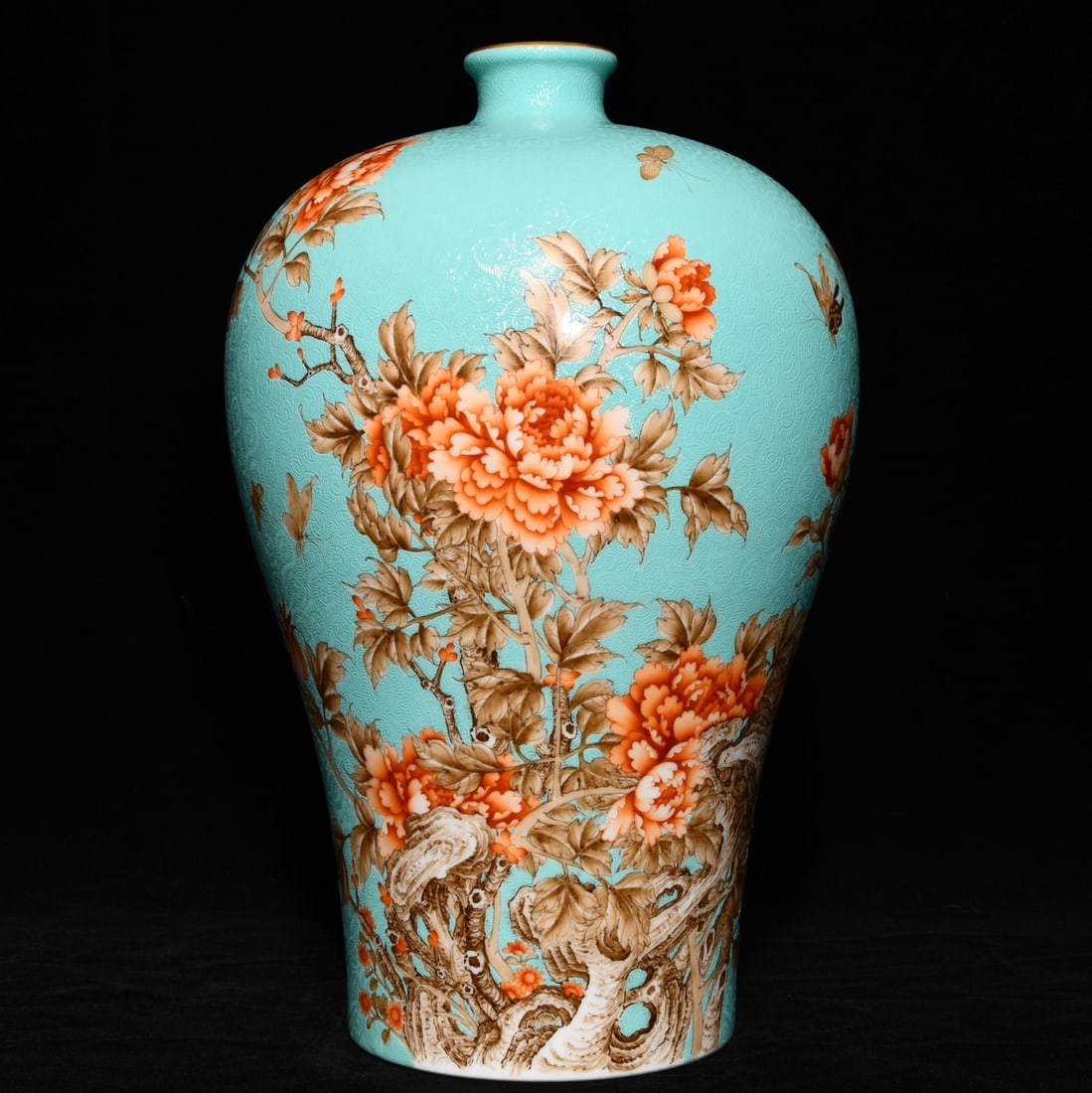 A Rare Turquoise Glazed Iron-Red Flower and Butterfly Pattern Vase,with poem: A Rare Turquoise Glazed Iron-Red Flower and Butterfly Pattern Vase,with poem,Qing Dynasty,China,Yongzheng Six-character Mark,Size:15.1inx9.6in 松石绿釉矾红花&