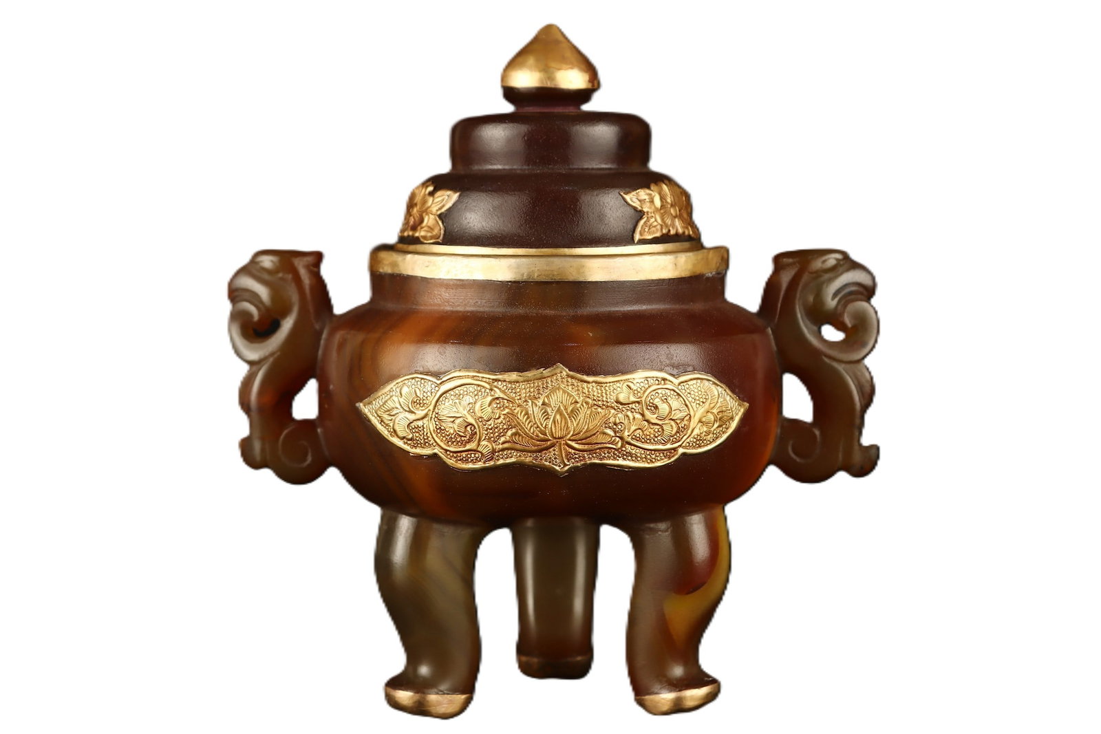 An Exquisite Agate Cover with Gold Flower Pattern Double-Ears and Tripod Censer: An Exquisite Agate Cover with Gold Flower Pattern Double-Ears and Tripod Censer,Qing Dynasty,China,Size:5.9inx5.3inx3.9in,Weight:514g 玛瑙包金花卉纹双&#