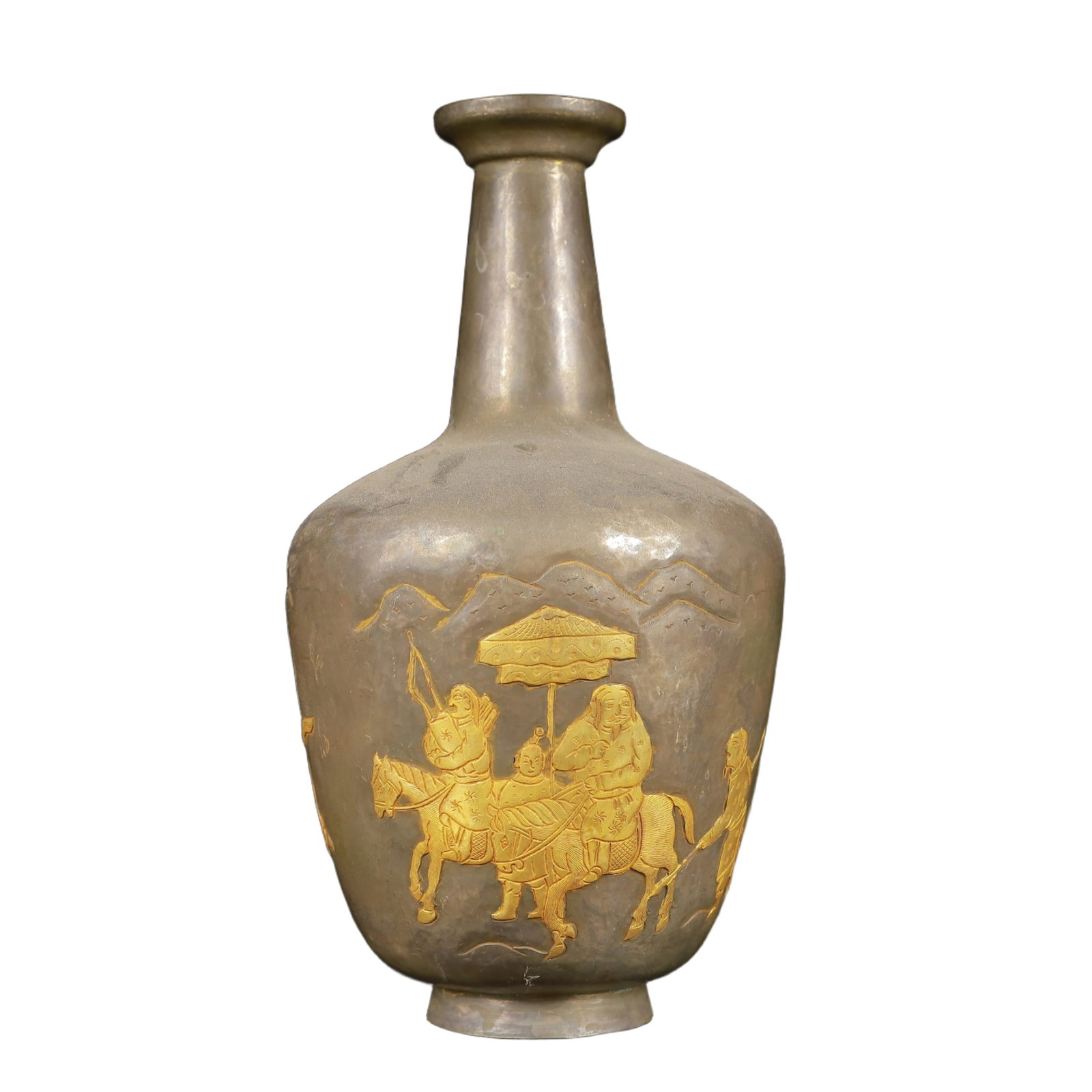 An Exquisite Gilt Silver Figure Pattern Vase: An Exquisite Gilt Silver Figure Pattern Vase,Tang Dynasty,China,Zhenguan Four-Character Mark,Size:4.7inx8.7in,Weight:650g 银鎏金人物纹瓶,中国Ù