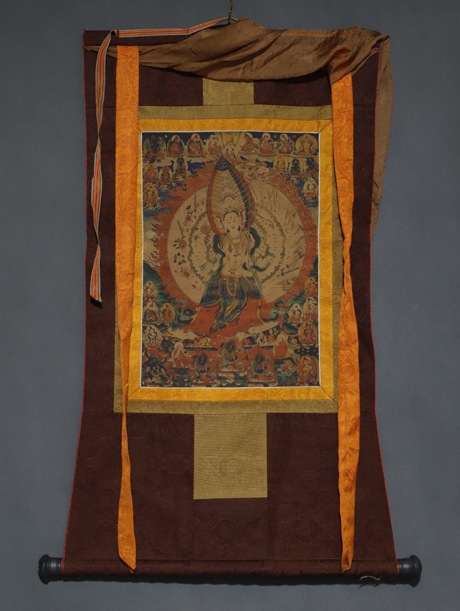 A Rare Brocade Painted Color Statue of Gdugs Kar Tangka: A Rare Brocade Painted Color Statue of Gdugs Kar Tangka,Qing Dynasty, China,Size:34.6inx18.1in,(Without frame)16.5inx11in