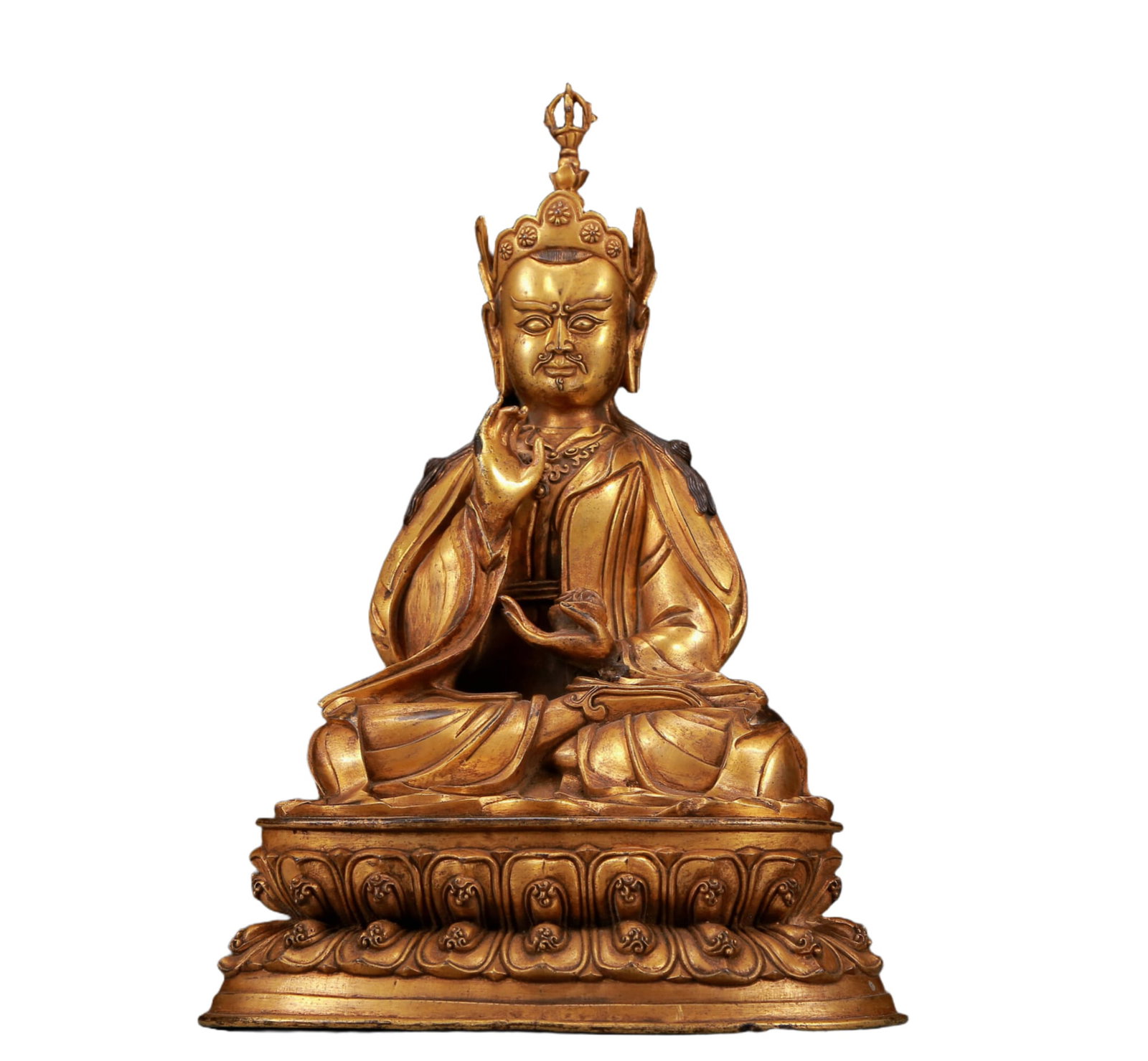 A Solemn Gilt Bronze Statue of Padma Sambhava: A Solemn Gilt Bronze Statue of Padma Sambhava,Ming Dynasty, China,Size:9.1inx6.9inx13.4in,Weight:5145g 铜鎏金莲花生大士像，明代