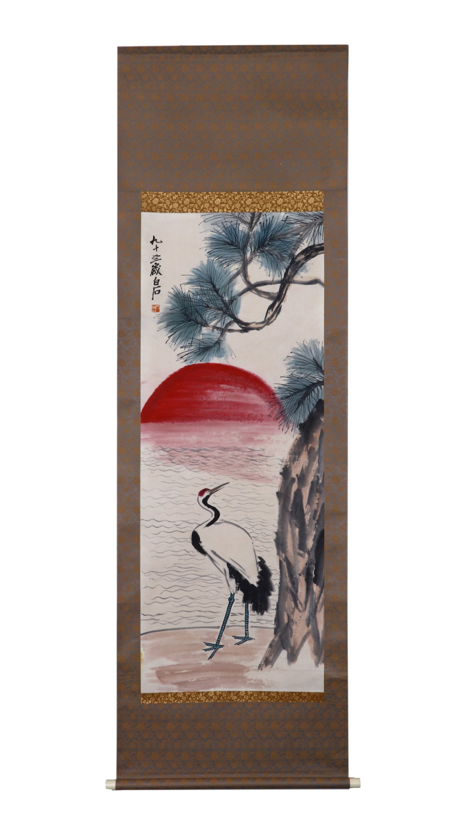 A Chinese Vertical Scroll Ink Painting of Pine and Crane on Paper: A Chinese Vertical Scroll Ink Painting of Pine and Crane on Paper,Qi Baishi,Size:52.4inx20.5in 一幅中国水墨松鹤画立轴,齐白