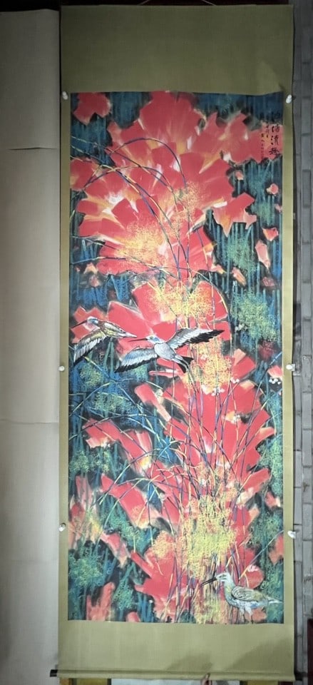 A Chinese Vertical Scroll Ink Painting of Flower and Bird on Paper: A Chinese Vertical Scroll Ink Painting of Flower and Bird on Paper,Huang Yongyu,Size:141.7inx57.1in 一幅中国水墨花鸟画立轴,黄
