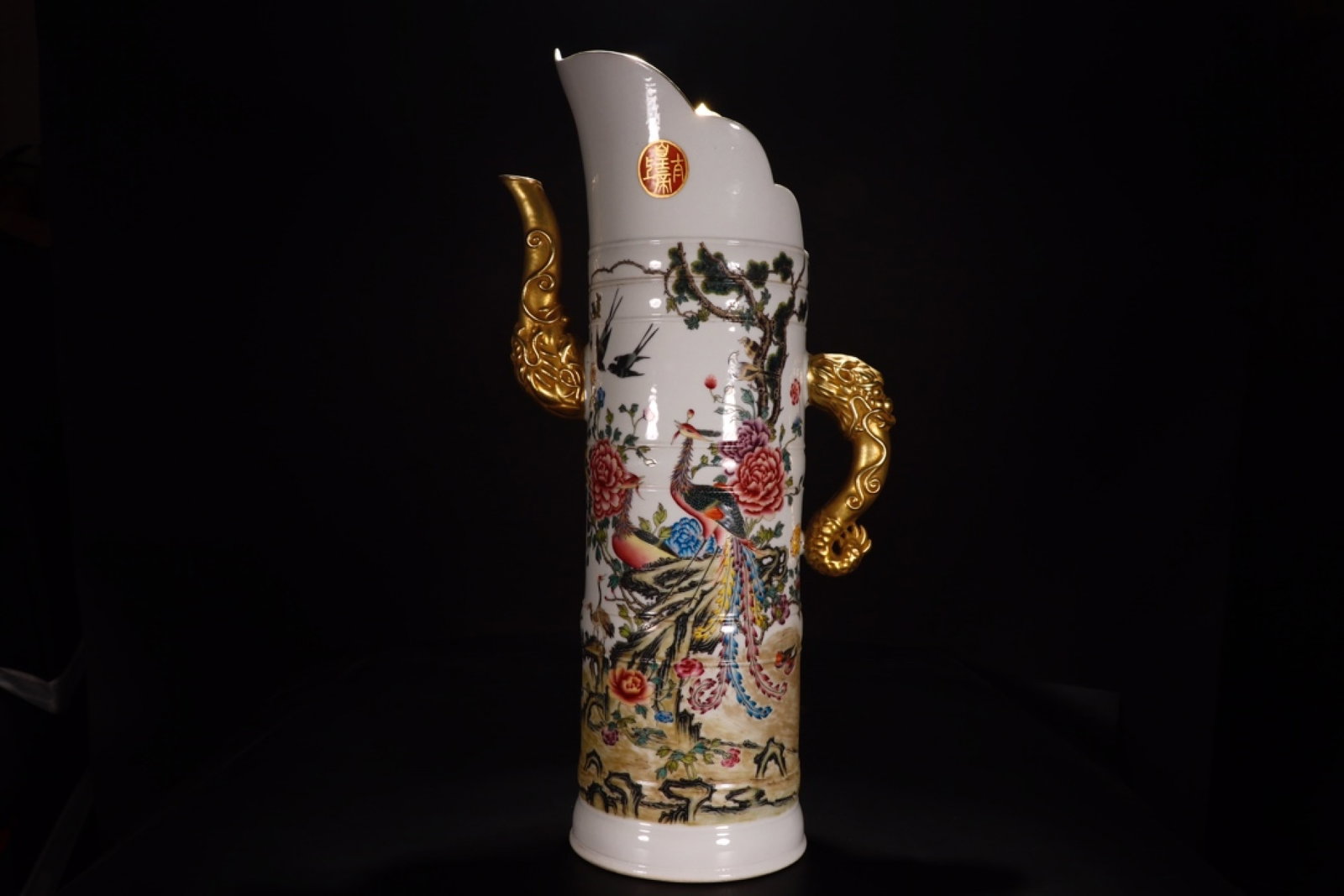 A Huge Famille-Rose Painted Gold Flower and Phoenix Pattern Pot,with an Imperial Poem by Emperor: A Huge Famille-Rose Painted Gold Flower and Phoenix Pattern Pot,with an Imperial Poem by Emperor Qianlong,Qing Dynasty,China,Size:20.7inx6.1in