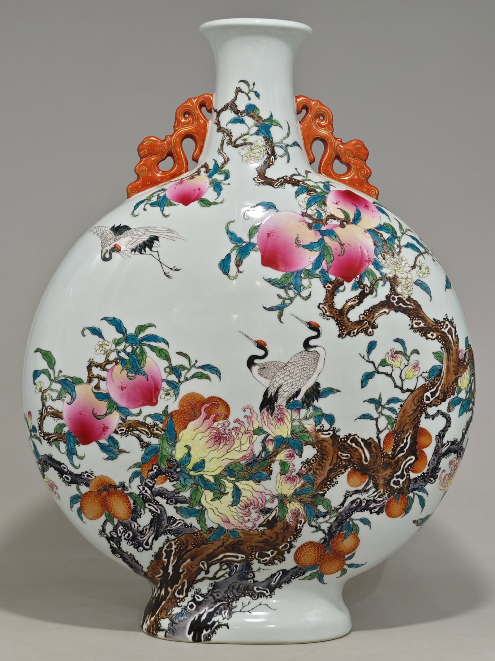 A Huge Enamel Flower and Crane Pattern Double-Ears Vase: A Huge Enamel Flower and Crane Pattern Double-Ears Vase,Qing Dynasty,China,Qianlong Six-character Mark,Size:22.6inx16.5in 珐琅彩花卉鹤纹双耳ல