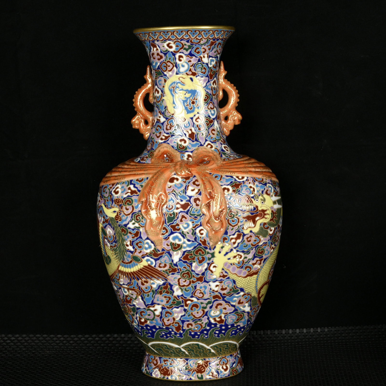 A Rare Enamel Dragon and Phoenix Pattern Double-Ears Vase: A Rare Enamel Dragon and Phoenix Pattern Double-Ears Vase,Qing Dynasty,China,Qianlong Four-character Mark,Size:14.6inx7.9inx5.5in