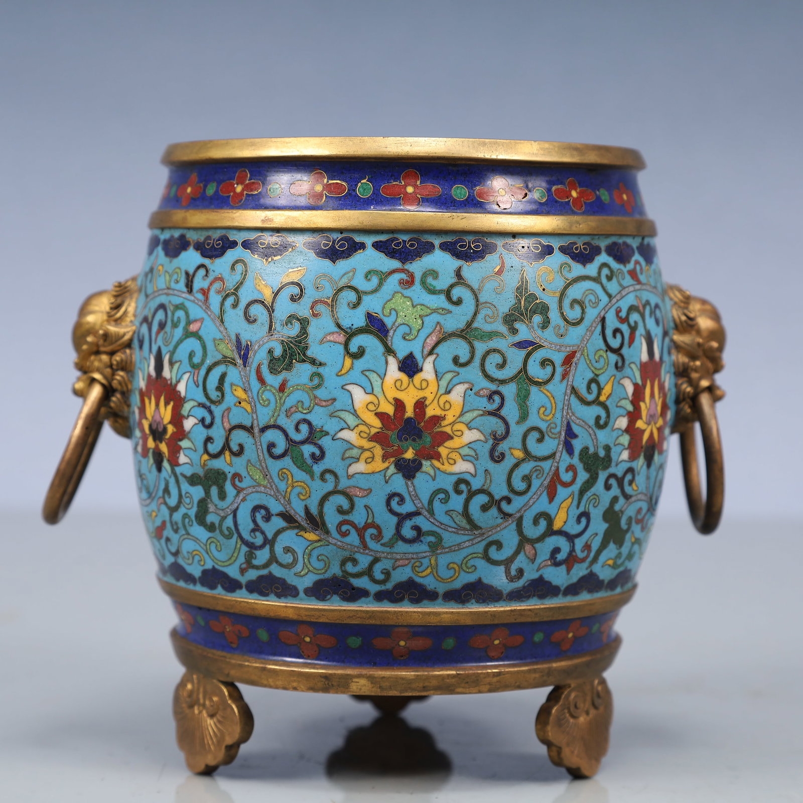 An Exquisite Cloisonne Lotus and Bats Pattern Double-Ears and Tripod Censer: An Exquisite Cloisonne Lotus and Bats Pattern Double-Ears and Tripod Censer,Qing Dynasty, China,Qianlong Four-character Mark,Size:8inx5.1inx6.3in,Weight:850g ???????????????,????,?????