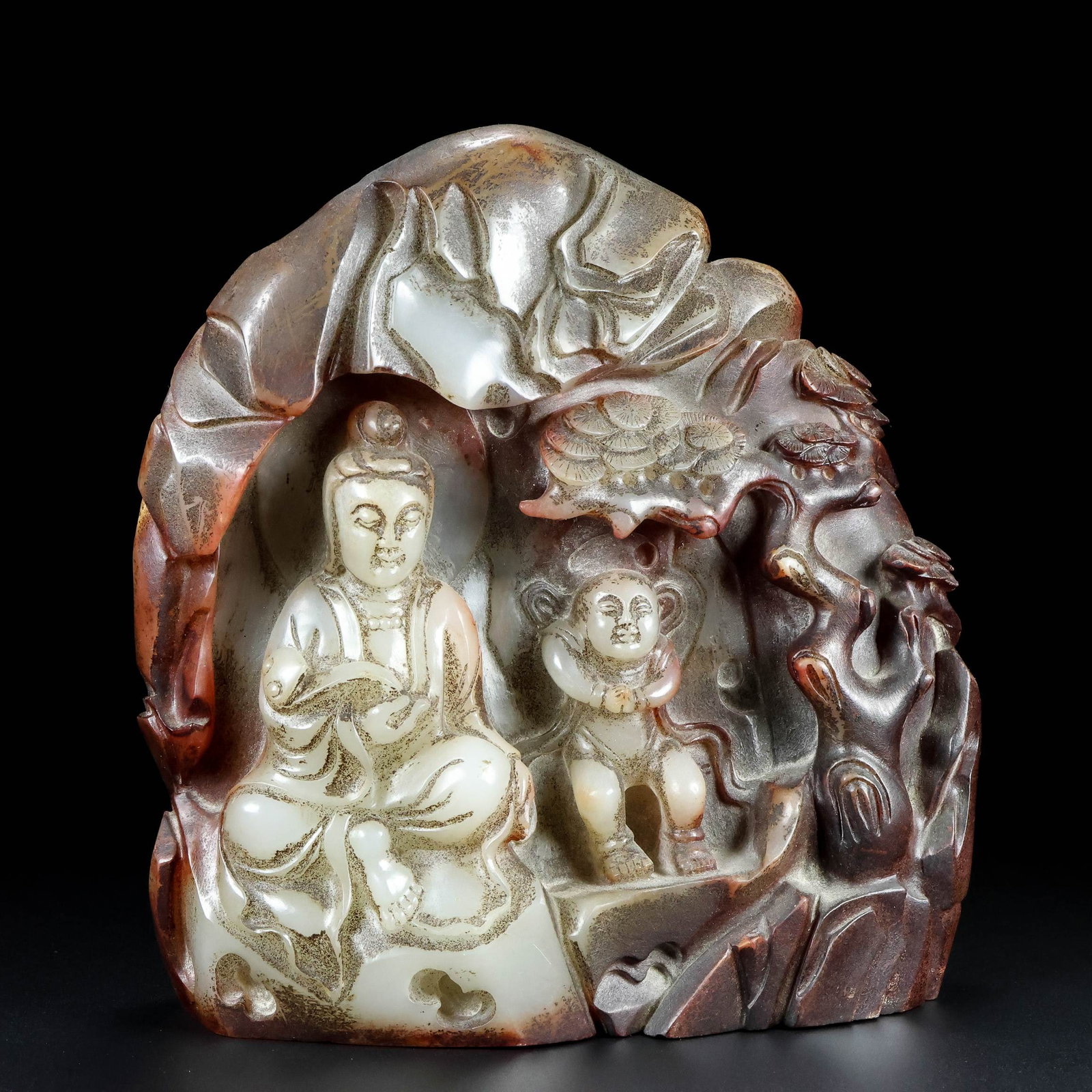 An Exquisite White Jade Ornament,with Statue of Child-Granting Avalokitesvara: An Exquisite White Jade Ornament,with Statue of Child-Granting Avalokitesvara,Qing Dynasty,China,Size:6.3inx2.4inx6.7in,Weight:2425g 白玉摆件，带送子