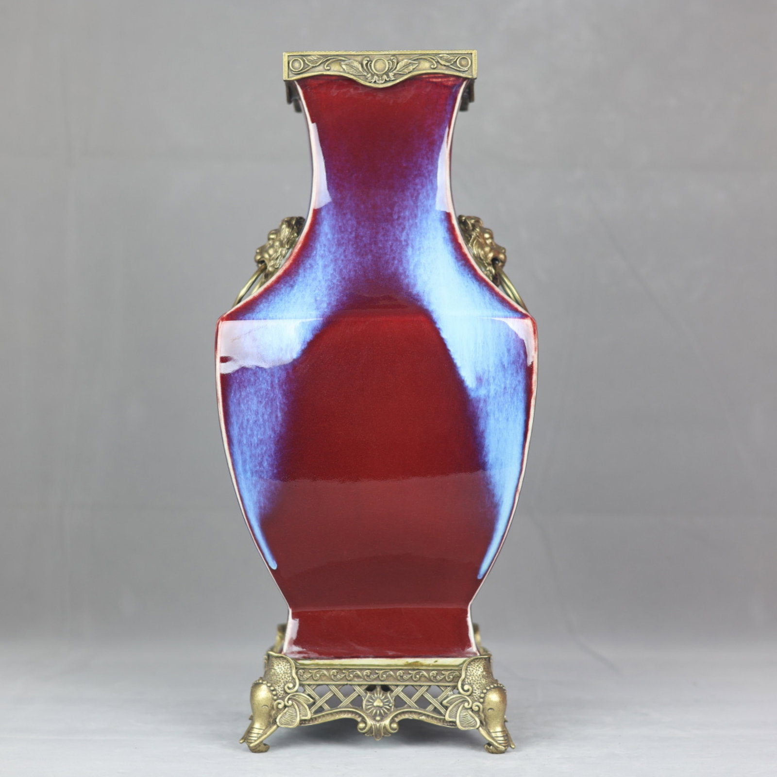 A Huge Flambe Glazed Inlaid Bronze Lion-Ears Vase: A Huge Flambe Glazed Inlaid Bronze Lion-Ears Vase,Qing Dynasty,China,Yongzheng Six-character Mark,Size:18.9inx8.7in
