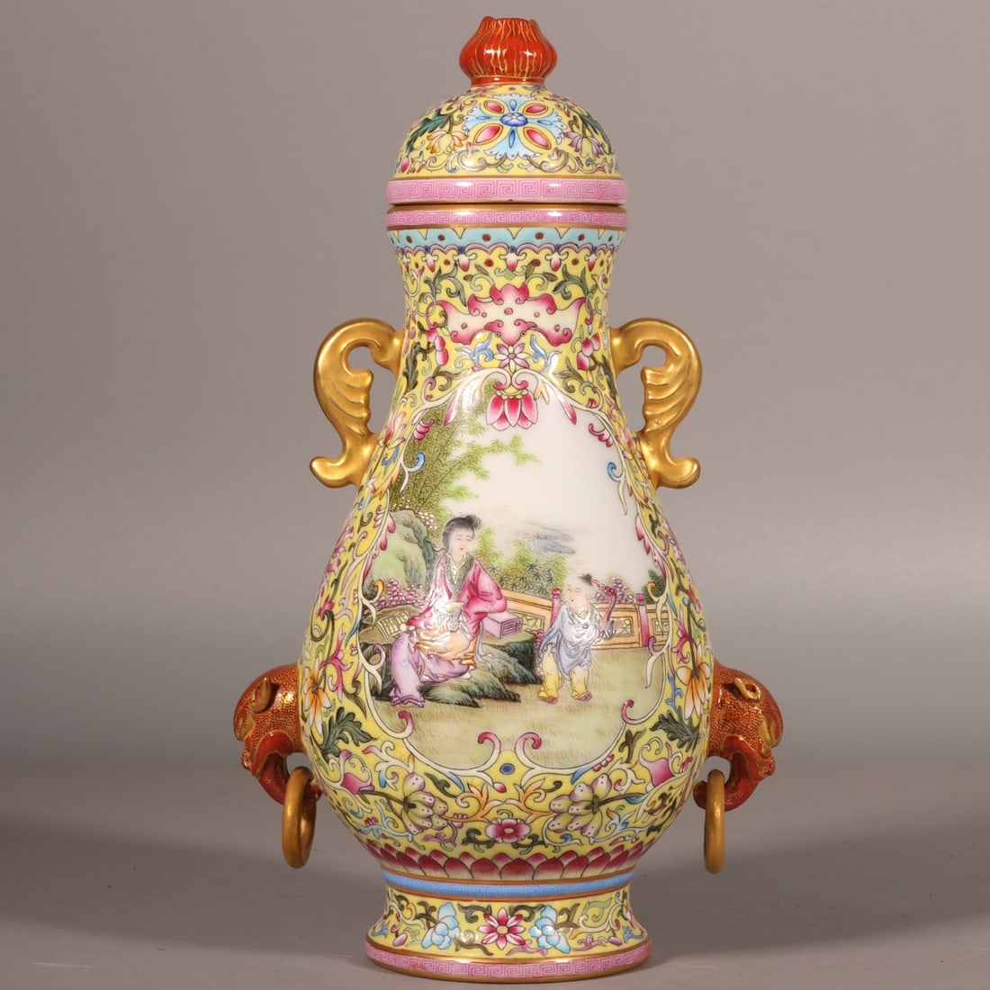 An Exquisite Enamel Yellow Ground Character and Story Pattern Double-Ears Jar with Cover: An Exquisite Enamel Yellow Ground Character and Story Pattern Double-Ears Jar with Cover,Qing Dynasty,China,Qianlong Four-character Mark,Size:9.4inx5.5in 珐琅彩黄地ߟ