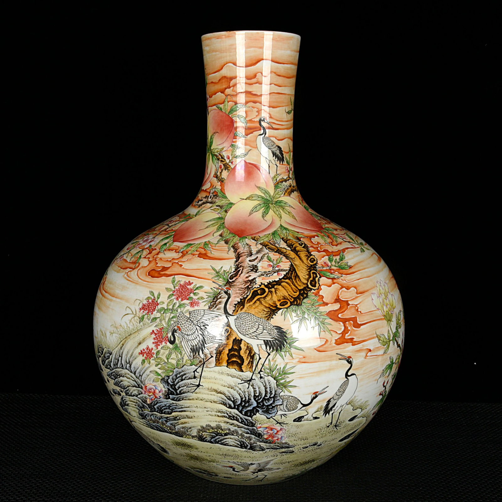 A Huge Enamel Pine and Crane Pattern Vase: A Huge Enamel Pine and Crane Pattern Vase,Qing Dynasty,China,Size:20.9inx15.7in 珐琅彩松鹤纹瓶,中国清代