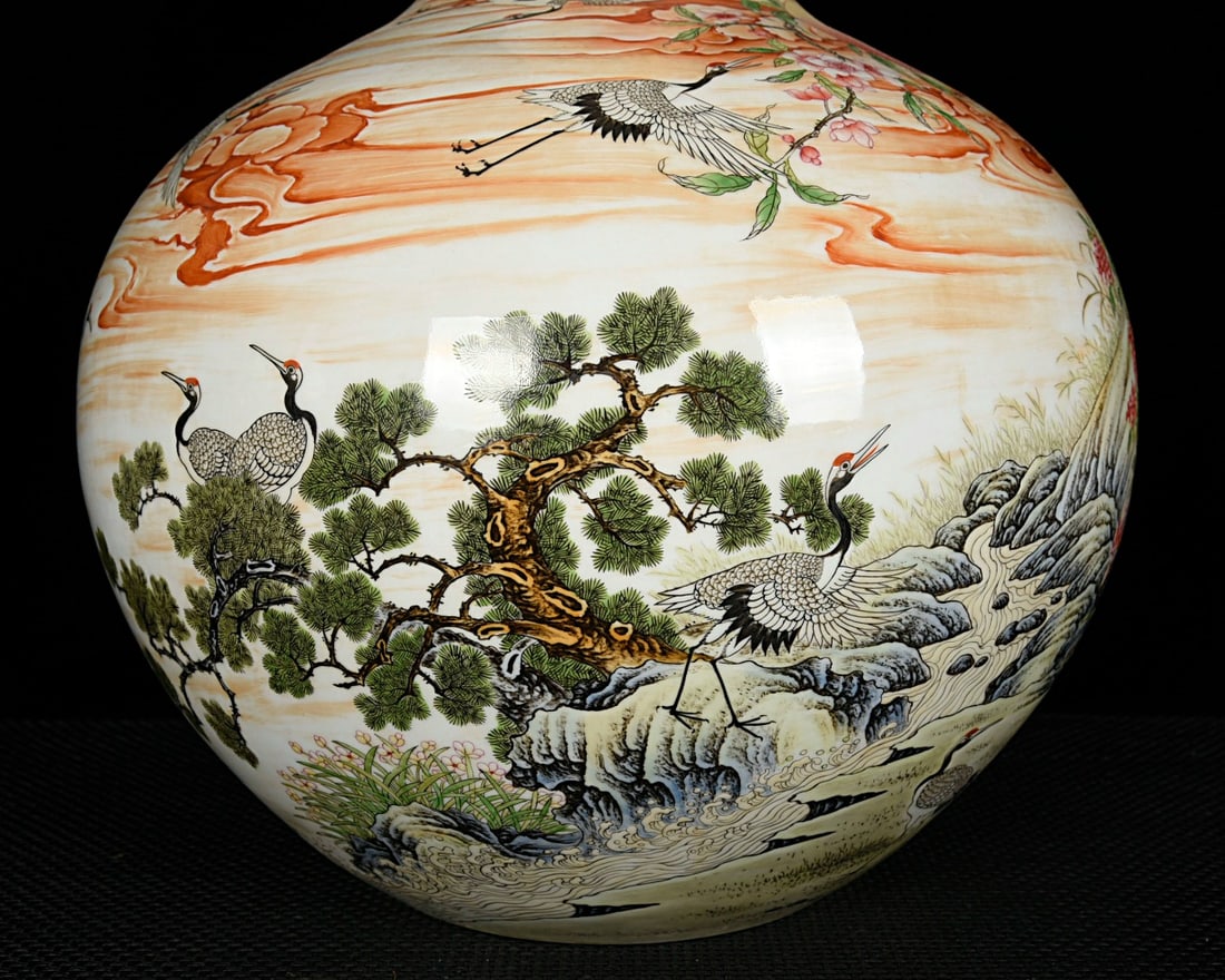 A Huge Enamel Pine and Crane Pattern Vase - 6