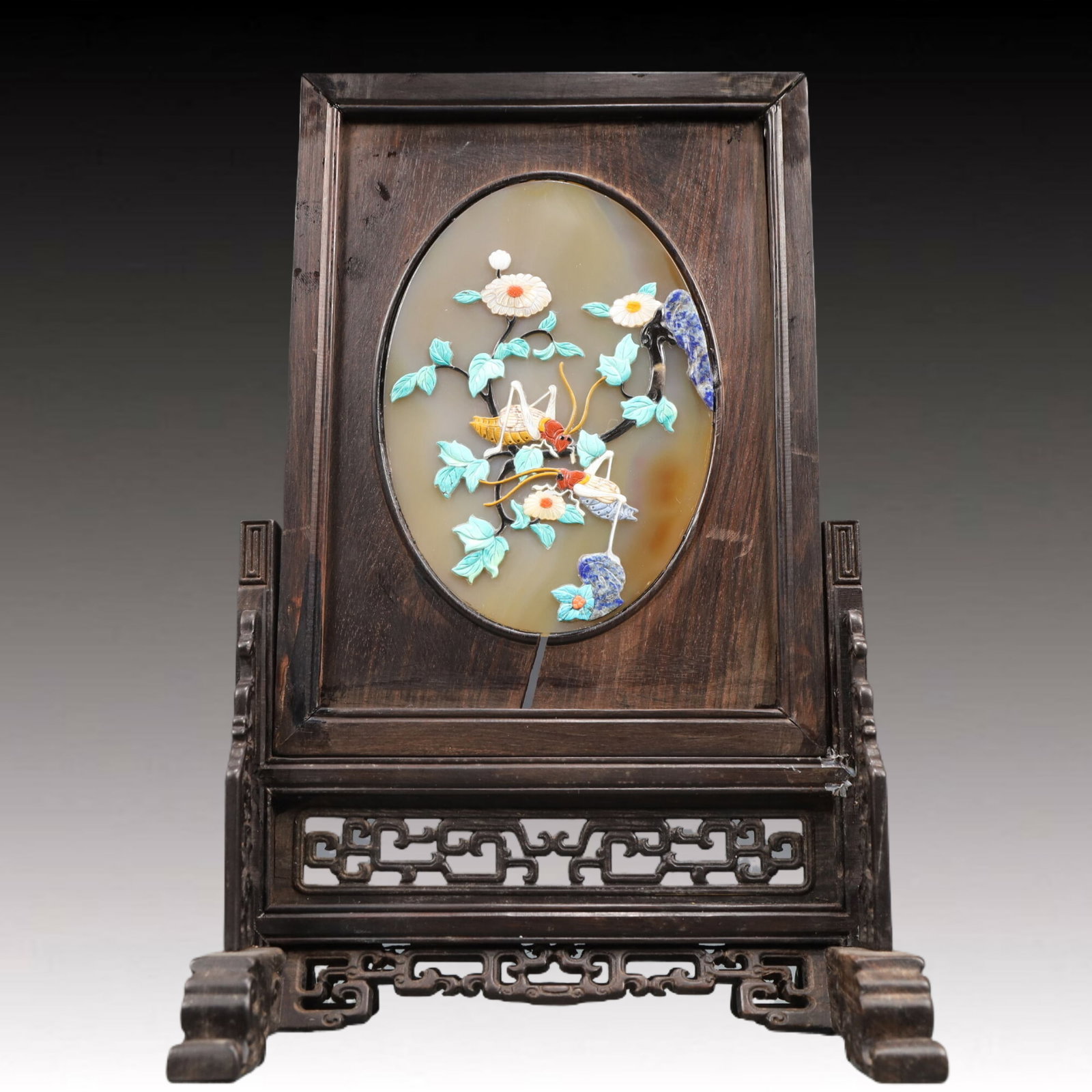 An Exquisite Agate Inlaid Gems Flower and Insect Pattern Screen,With Poem: An Exquisite Agate Inlaid Gems Flower and Insect Pattern Screen,With Poem,Qing Dynasty, China,Size:7.5inx5.1inx11.8in Weight:850g 玛瑙嵌百宝花卉昆൱