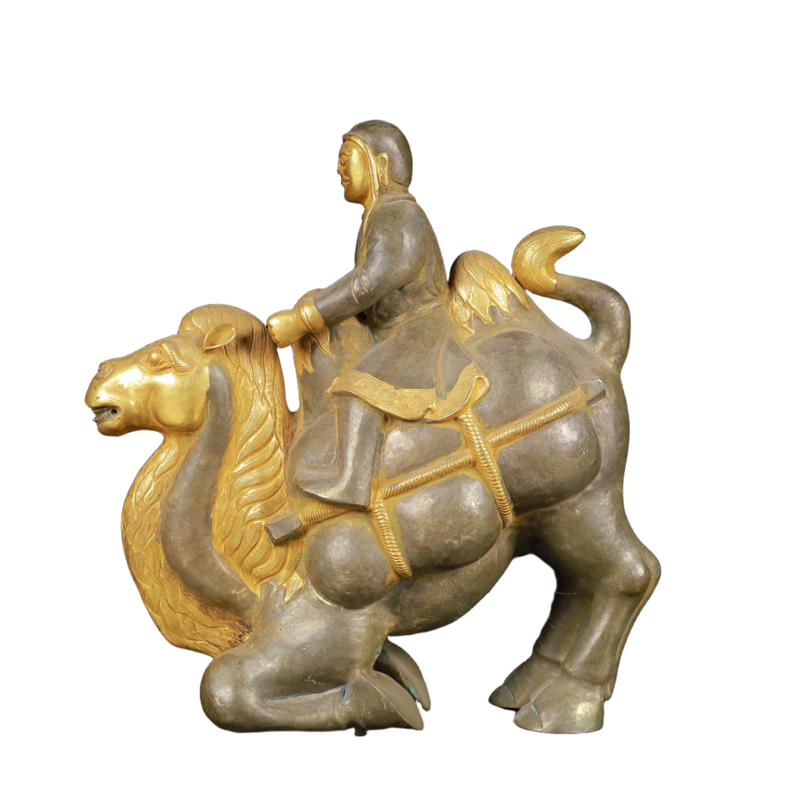 An Exquisite Gilt Silver Figure Riding Camel Ornament: An Exquisite Gilt Silver Figure Riding Camel Ornament,Qing Dynasty,China,Size:7.1inx2.8inx7.9in,Weight:850g 银鎏金人物骑骆驼摆件,中