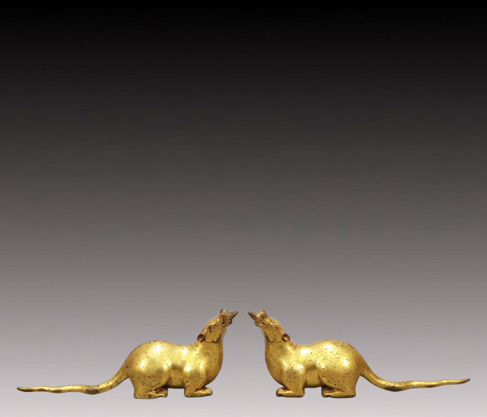 A Rare Gilt Bronze Rat Ornaments: A Rare Gilt Bronze Rat Ornaments,Ming Dynasty, China,Size:15.4inx3.5inx6.7in Weight:5800g 一对铜鎏金鼠摆件,中国明代