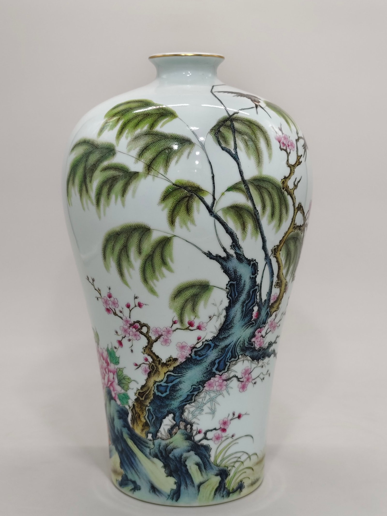 A Rare Famille-Rose Flower and Bird Pattern Vase,with poem: A Rare Famille-Rose Flower and Bird Pattern Vase,with poem,Qing Dynasty,China,Qianlong Six-character Mark,Size:13inx7.1in 粉彩花鸟纹瓶,带诗文,
