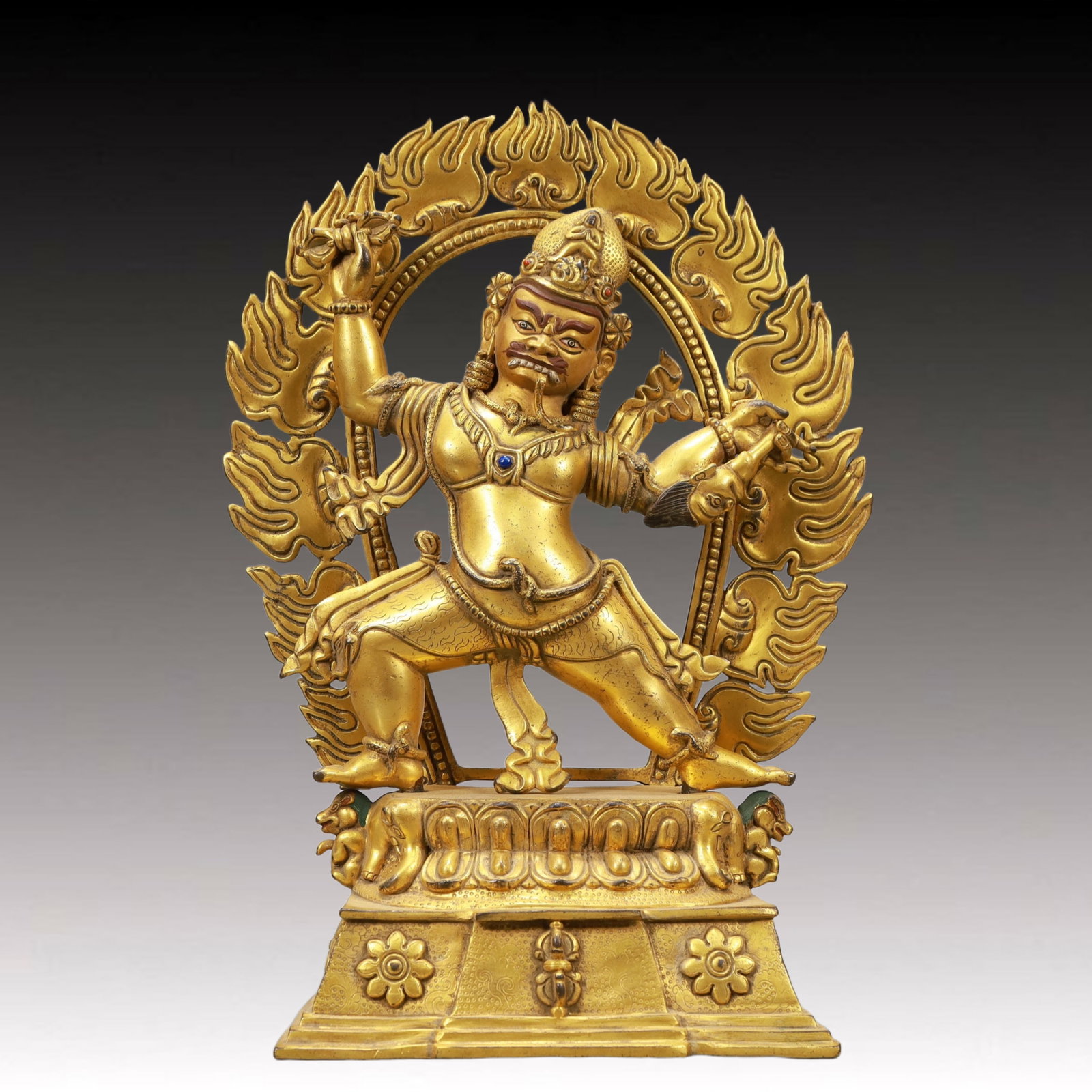 A Solemn Gilt Bronze Statue of Vajra,Inlaid Gems: A Solemn Gilt Bronze Statue of Vajra,Inlaid Gems,Ming Dynasty, China,Size:8.3inx5.3inx15in,Weight:5700g 铜鎏金金刚像,嵌宝石,中国਴
